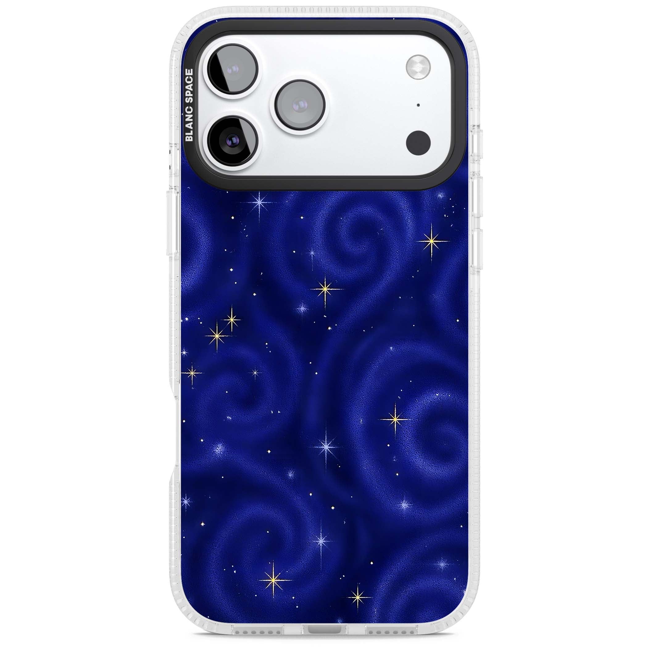 Indigo Cosmos celestial iPhone case featuring swirling navy night sky and sparkling golden stars | Clear Case Impact Air case for iPhone 17 Pro, iPhone 17 Pro Max