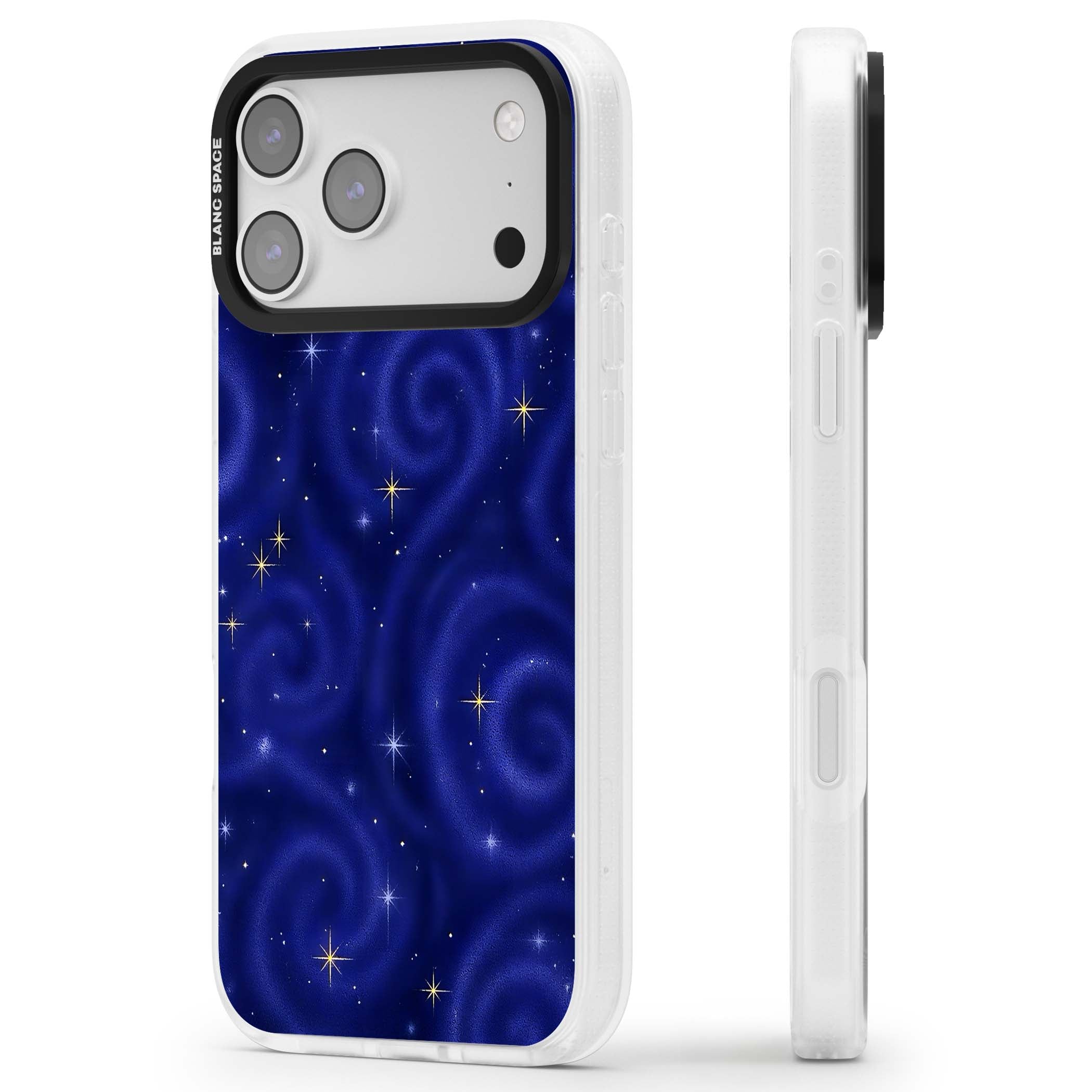 Indigo Cosmos celestial iPhone case featuring swirling navy night sky and sparkling golden stars | Clear Case Impact Air case for iPhone 17 Pro, iPhone 17 Pro Max