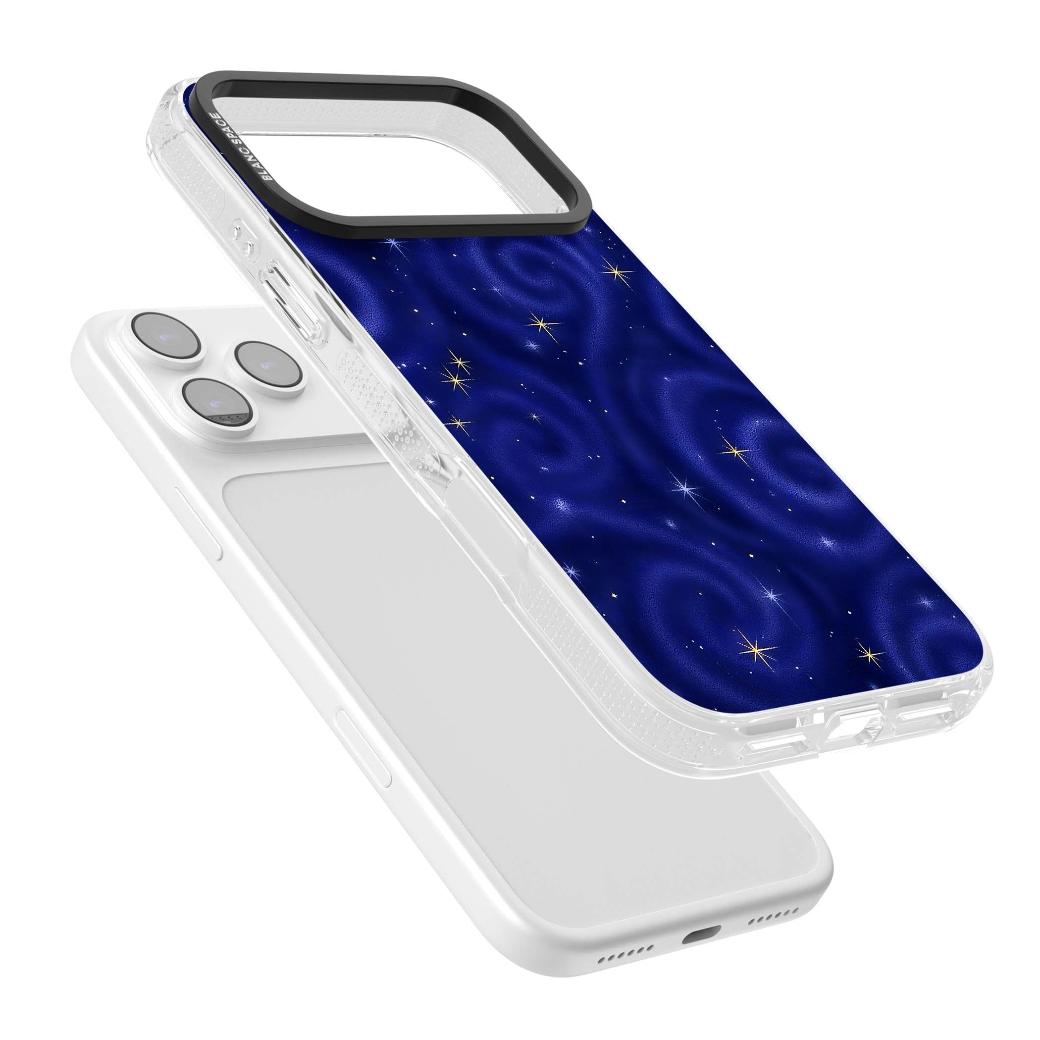 Indigo Cosmos celestial iPhone case featuring swirling navy night sky and sparkling golden stars | Clear Case Impact Air case for iPhone 17 Pro, iPhone 17 Pro Max