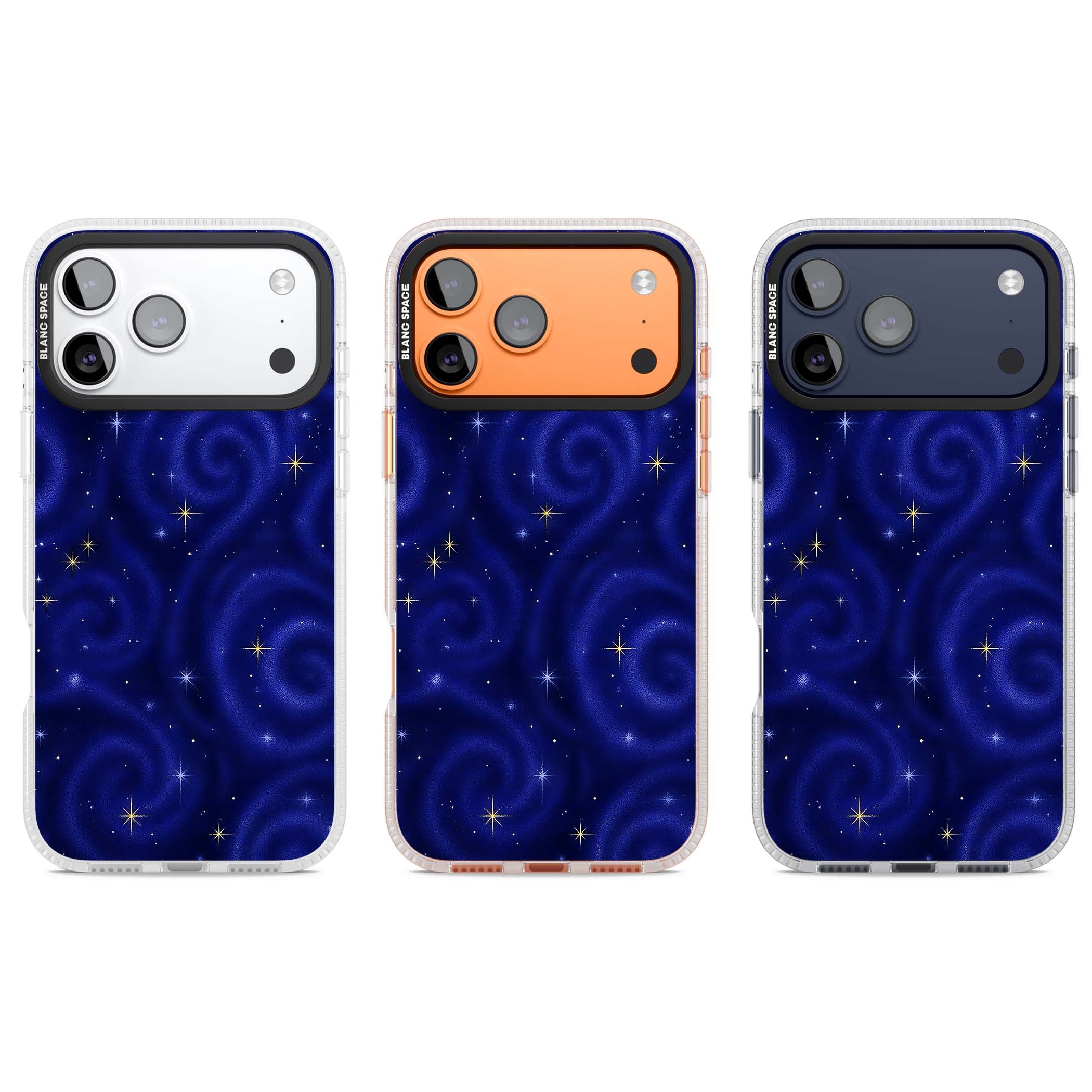 Indigo Cosmos celestial iPhone case featuring swirling navy night sky and sparkling golden stars | Clear Case Impact Air case for iPhone 17 Pro, iPhone 17 Pro Max