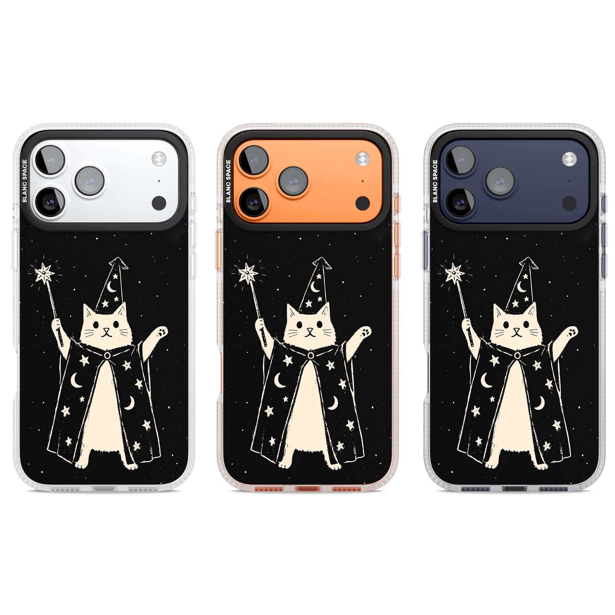 Whisker Wizard celestial cat iPhone case featuring a wizard cat with magic wand, starry night sky and crescent moons | Clear Case Impact Air case for iPhone 17 Pro, iPhone 17 Pro Max