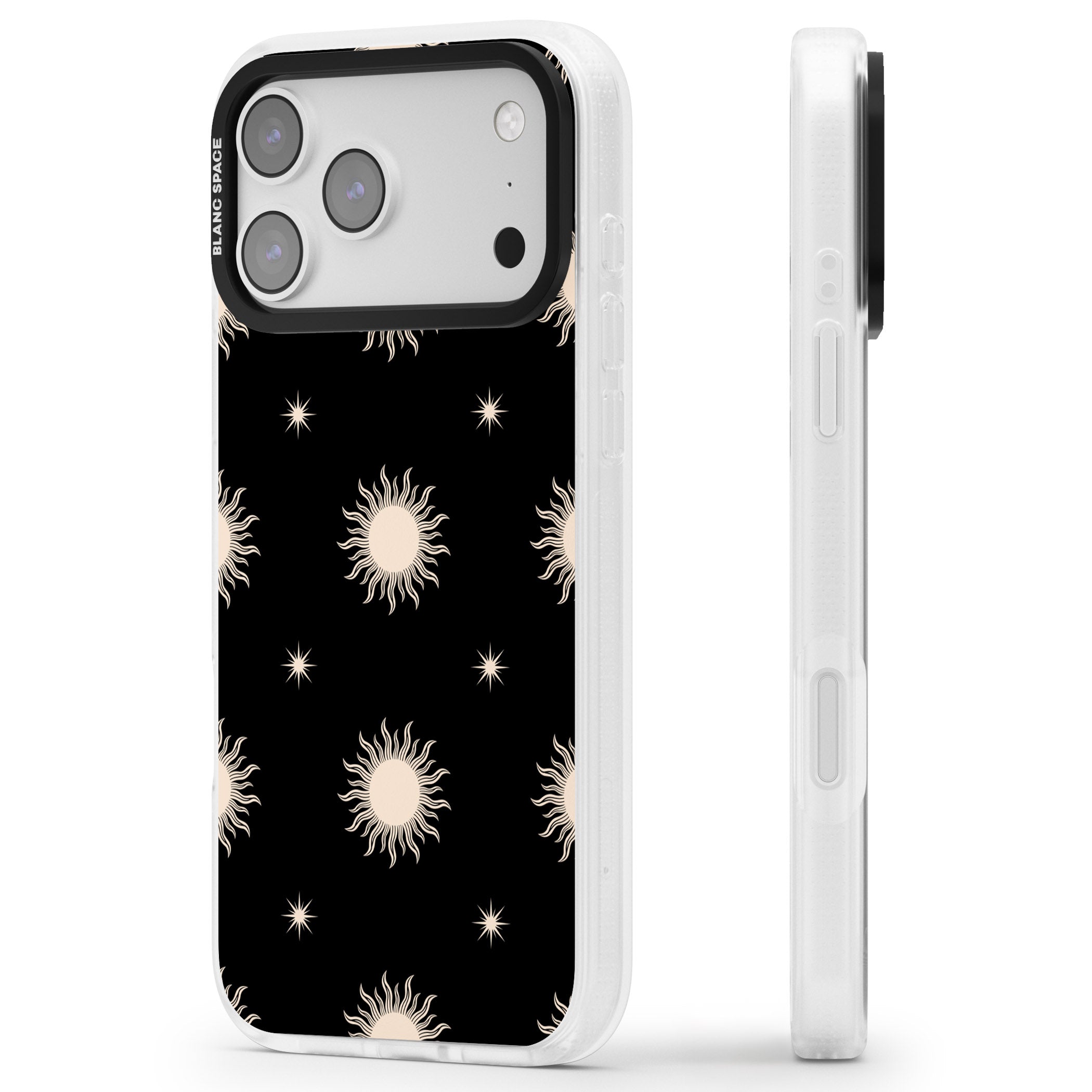 Celestial Patterns Classic Suns (Black) iPhone 17 Pro Impact Air Clear Phone Case Side Profile
