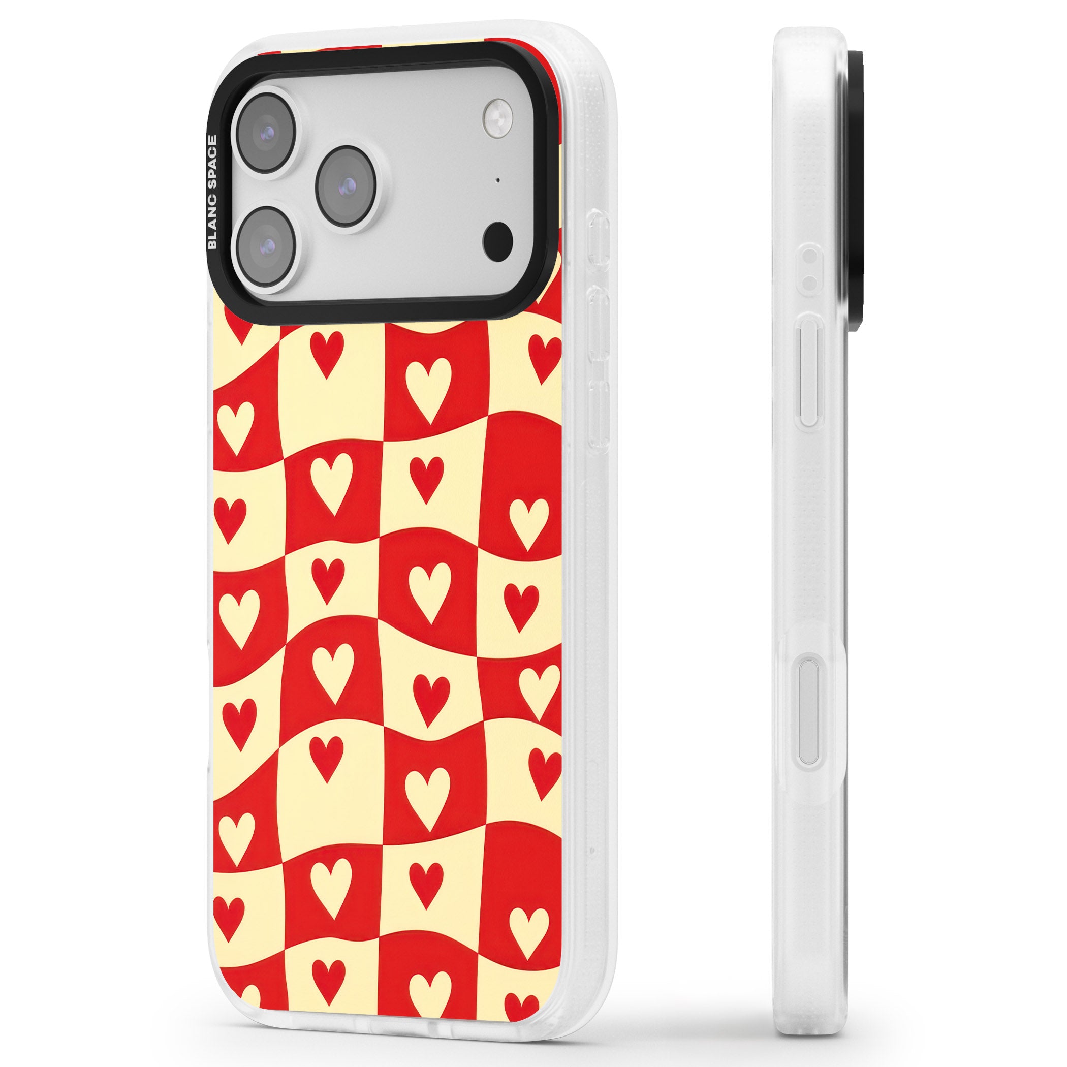 Red Wavy Checked & Hearts iPhone 17 Pro Max Impact Air Clear Phone Case Side Profile