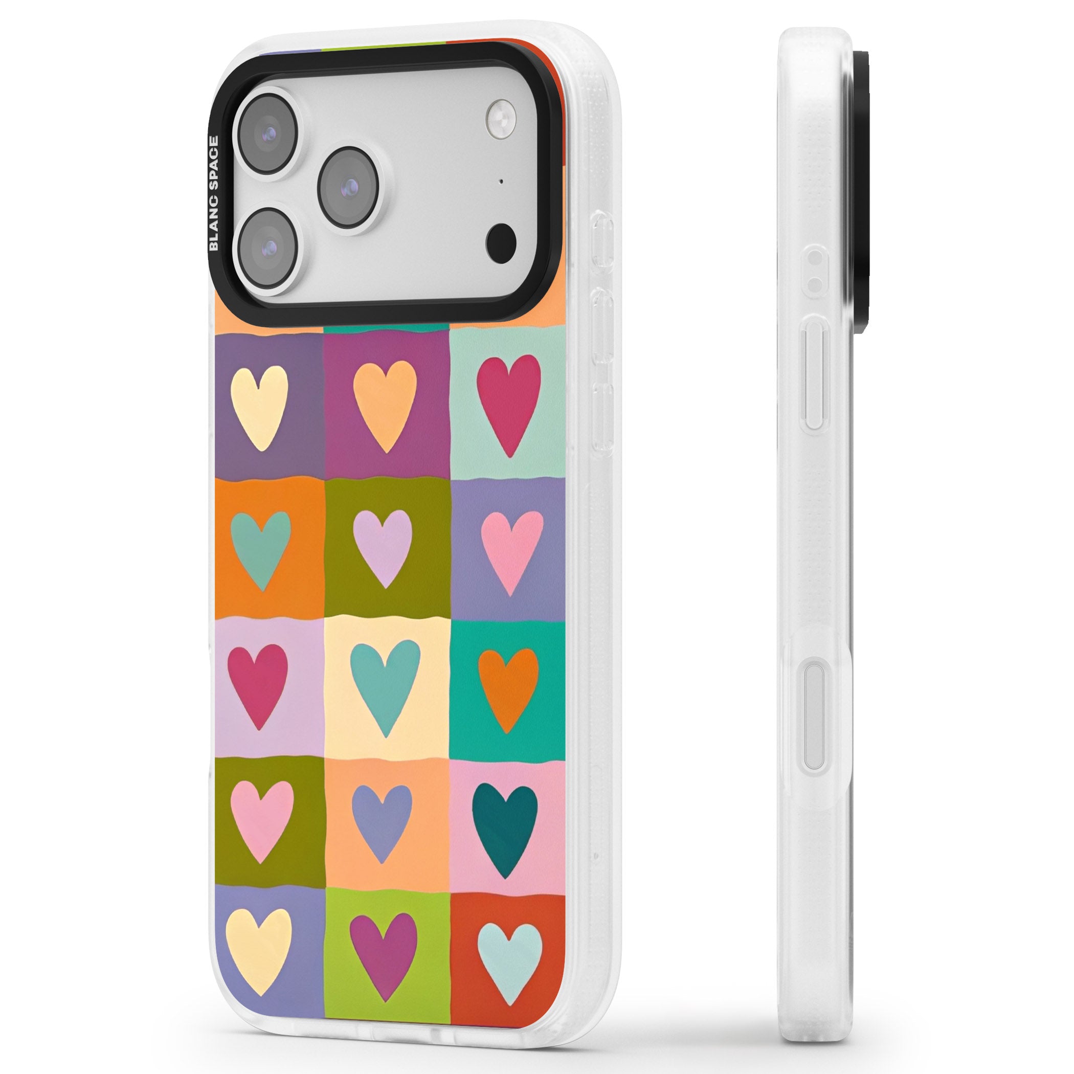 Multicolour Checked Hearts iPhone 17 Pro Max Impact Air Clear Phone Case Side Profile