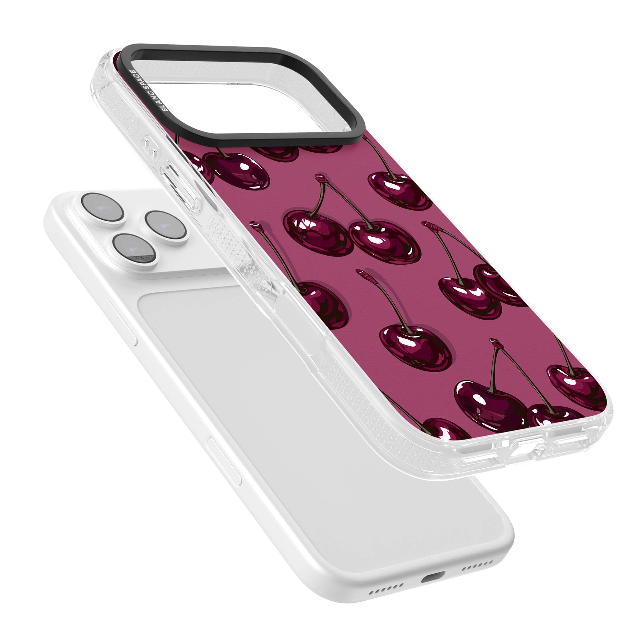 Cherry Soda coquette iPhone case featuring glossy burgundy cherries on a dusty pink background | Clear Case Impact Air case for iPhone 17 Pro, iPhone 17 Pro Max