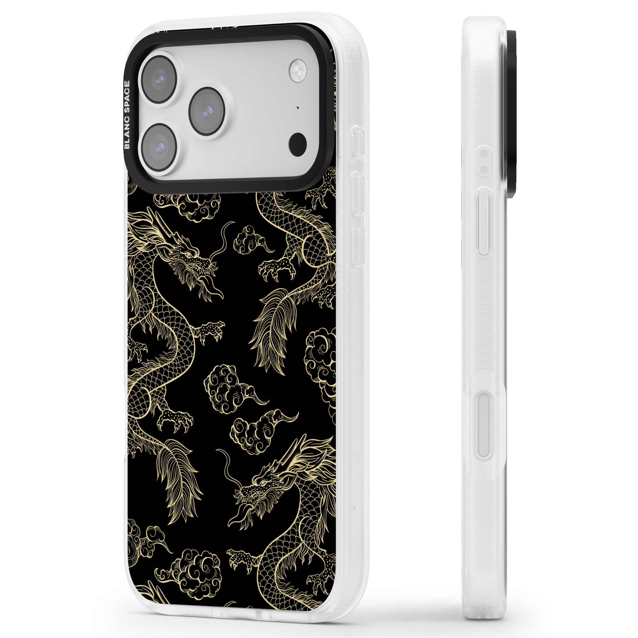 Black And Gold Dragon Pattern iPhone 17 Pro Max Impact Air Clear Phone Case Side Profile