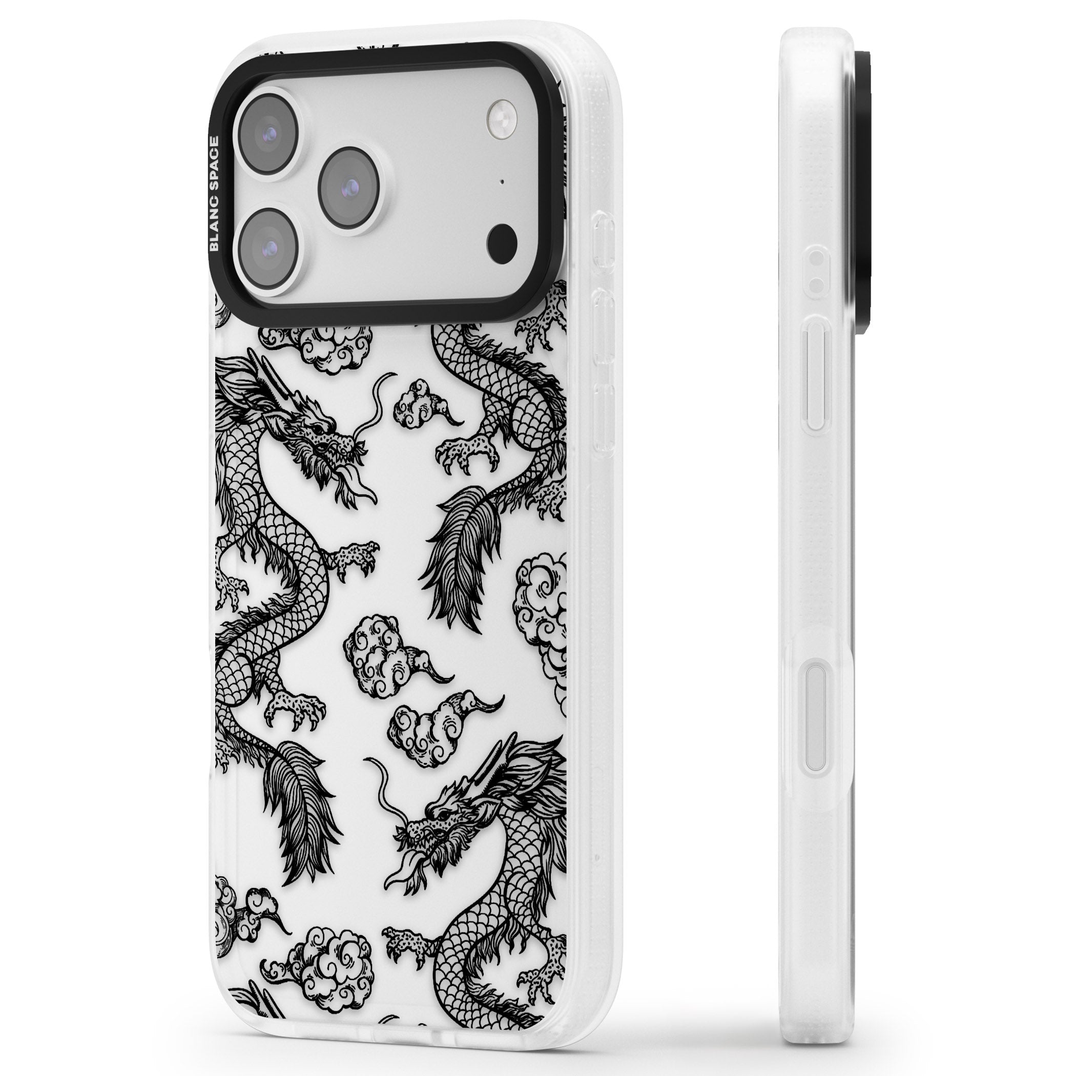 Black Dragon Pattern iPhone 17 Pro Max Impact Air Clear Phone Case Side Profile