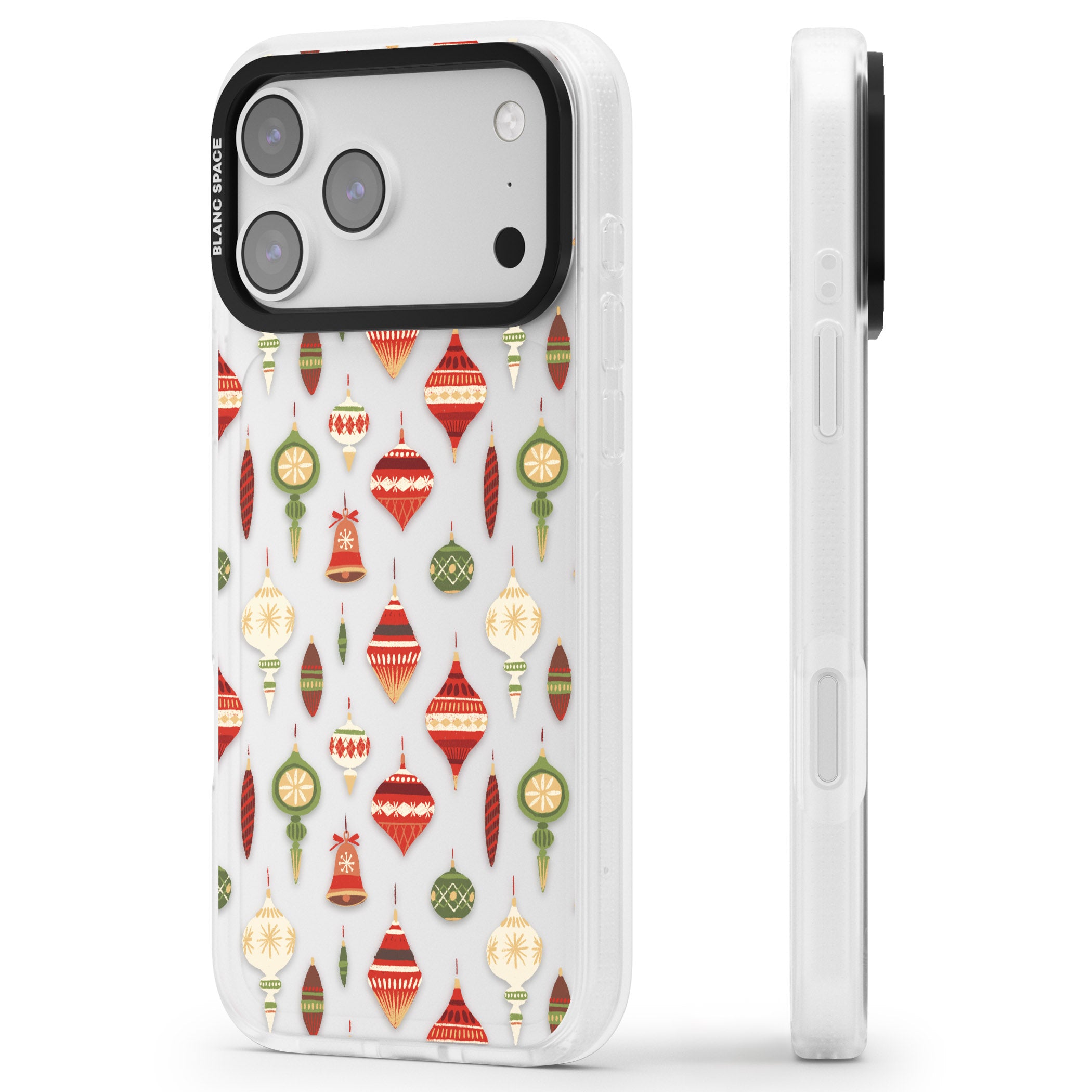 Christmas Baubles Pattern iPhone 17 Pro Max Impact Air Clear Phone Case Side Profile