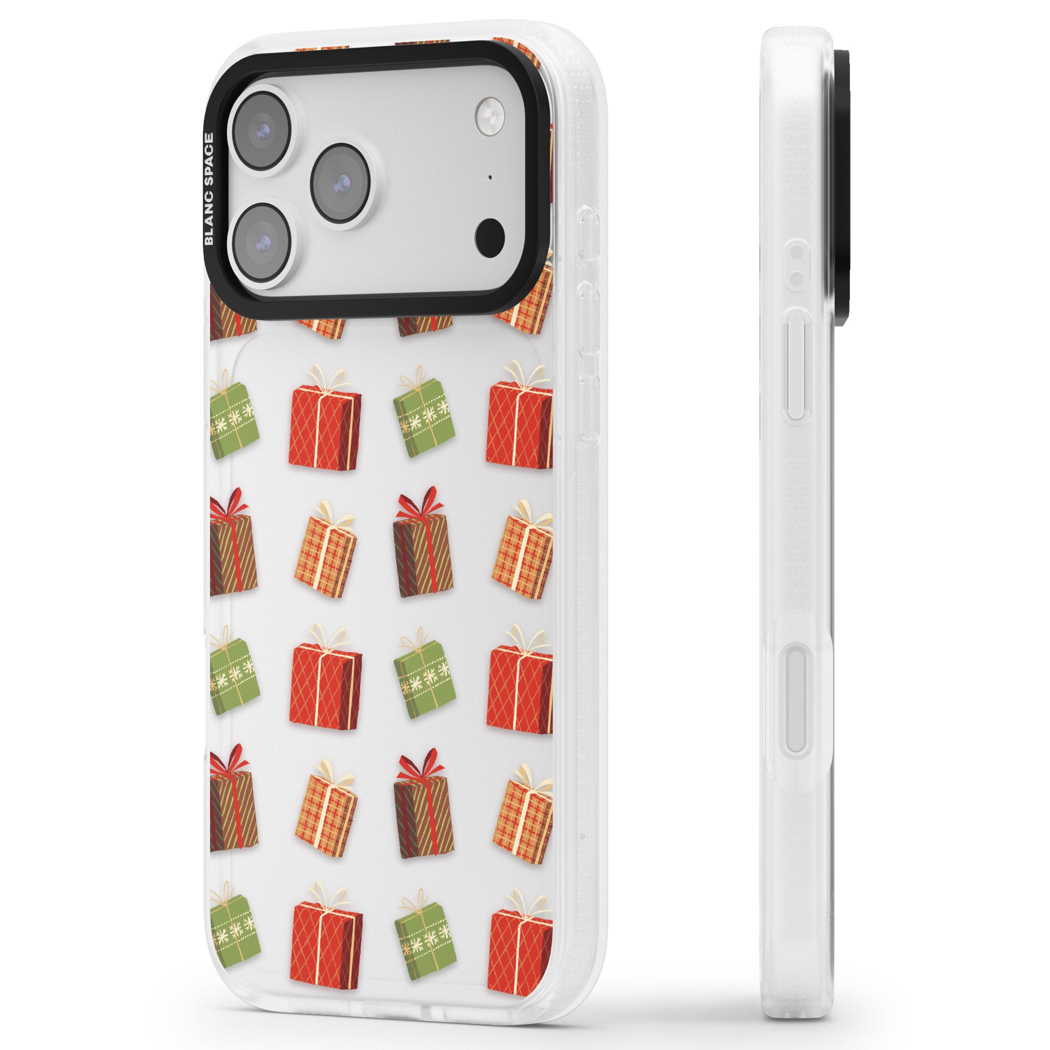 Christmas Presents Pattern iPhone 17 Pro Max Impact Air Clear Phone Case Side Profile