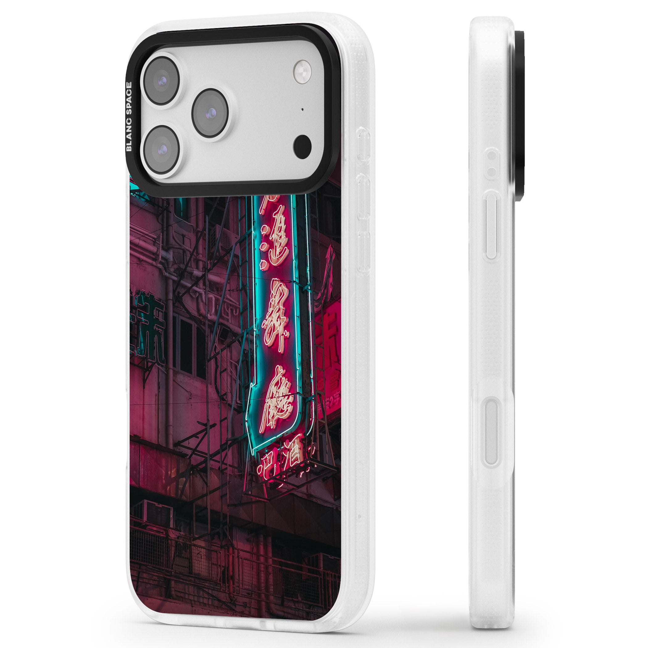Neon Kanji Cityscape iPhone 17 Pro Max Impact Air Clear Phone Case Side Profile