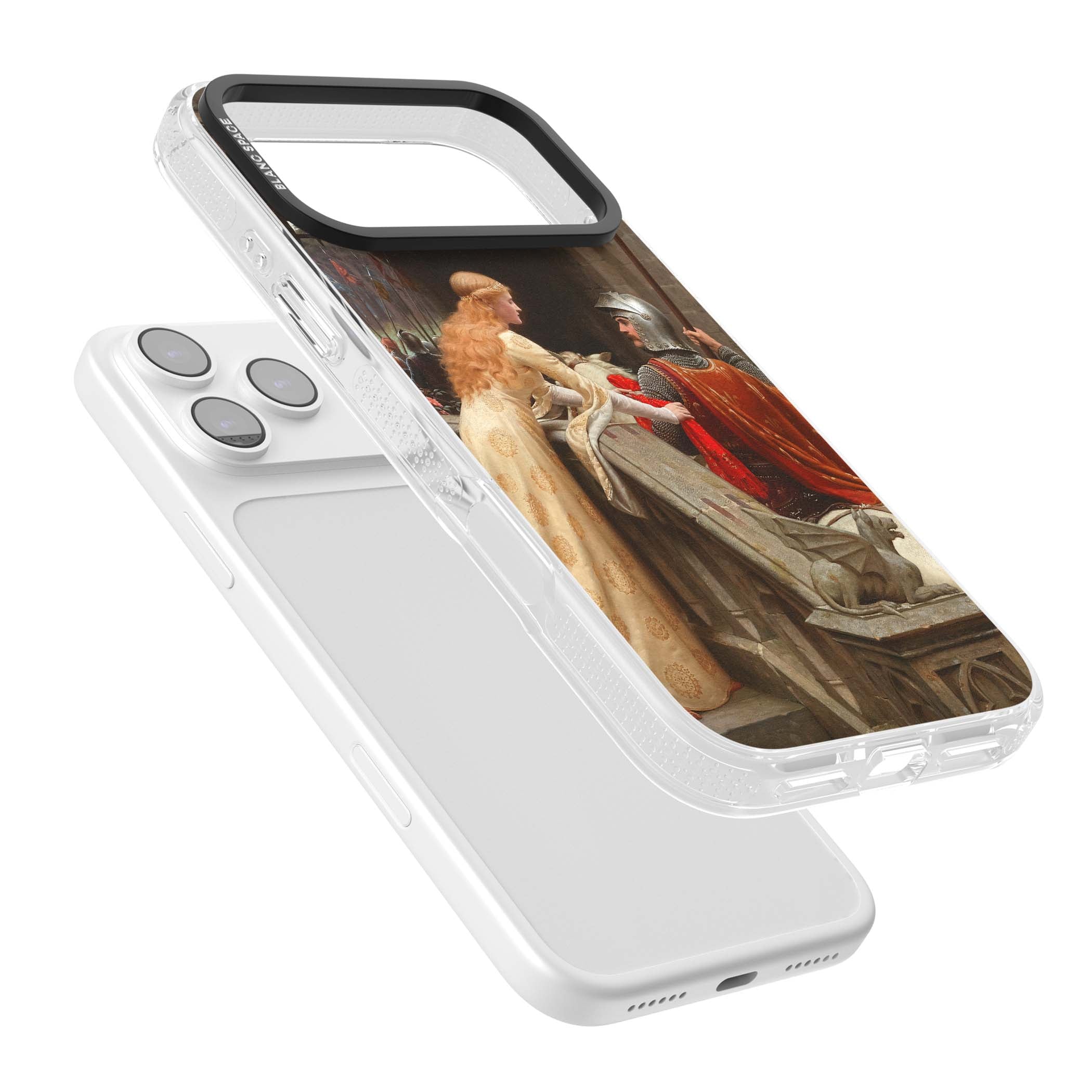 God Speed fine art iPhone case featuring Edmund Blair Leighton's medieval knight and lady beneath a stone archway | Clear Case Impact Air case for iPhone 17 Pro, iPhone 17 Pro Max