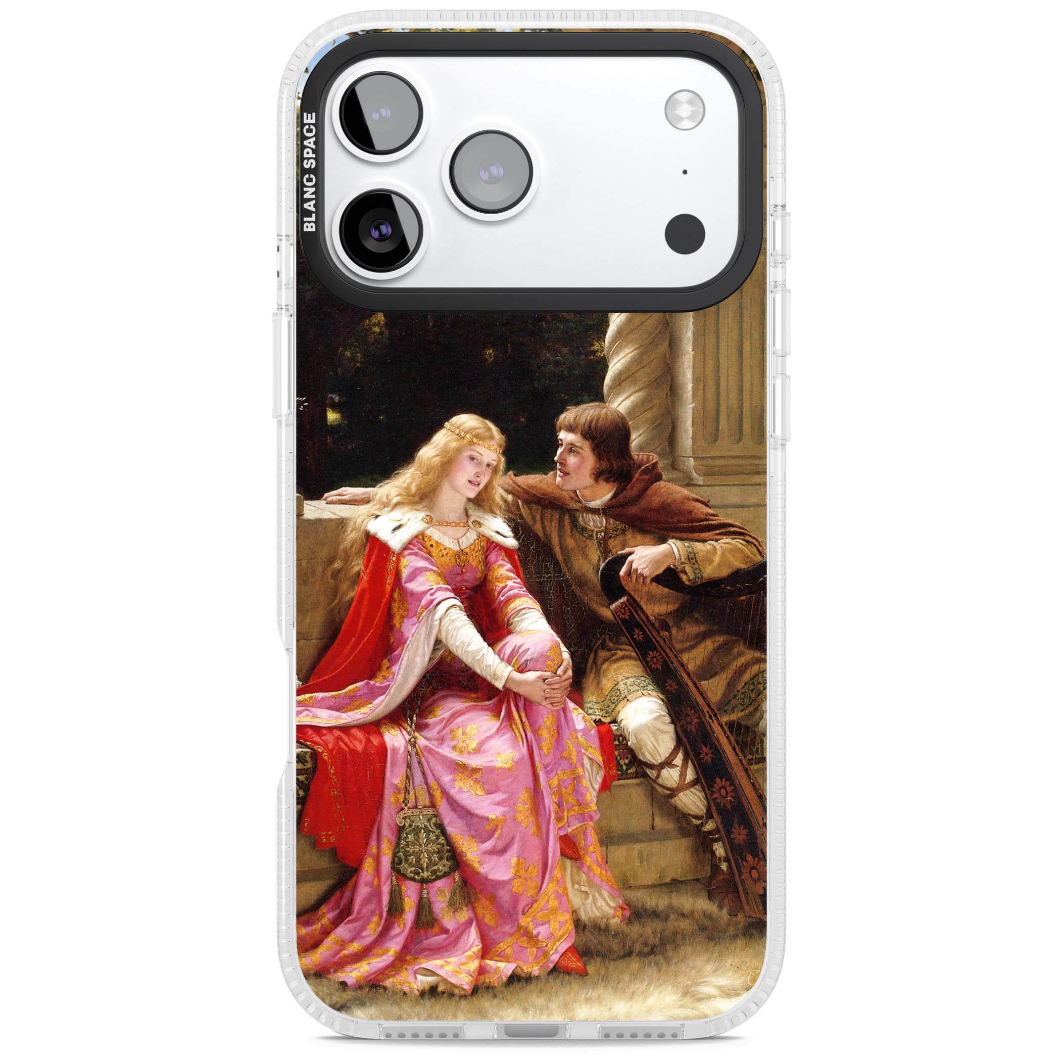 The End of the Song classic art iPhone case featuring a medieval lady in pink gown and her knight in a stone archway | Clear Case Impact Air case for iPhone 17 Pro, iPhone 17 Pro Max