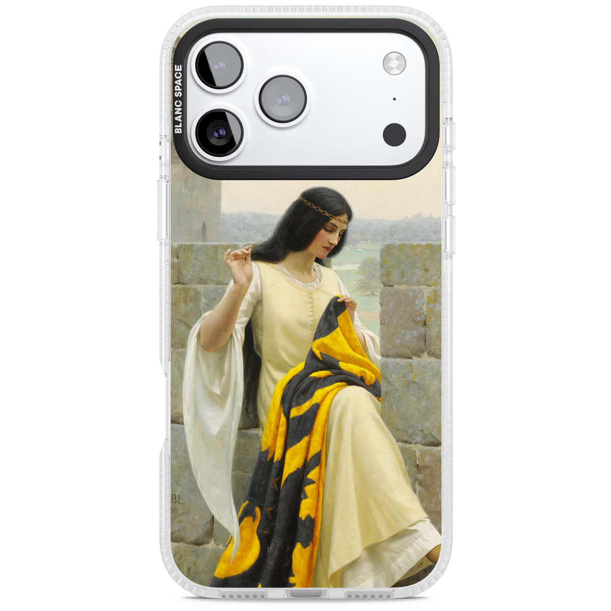 Stitching the Standard renaissance art iPhone case featuring a medieval lady sewing a golden banner on a castle wall | Clear Case Impact Air case for iPhone 17 Pro, iPhone 17 Pro Max