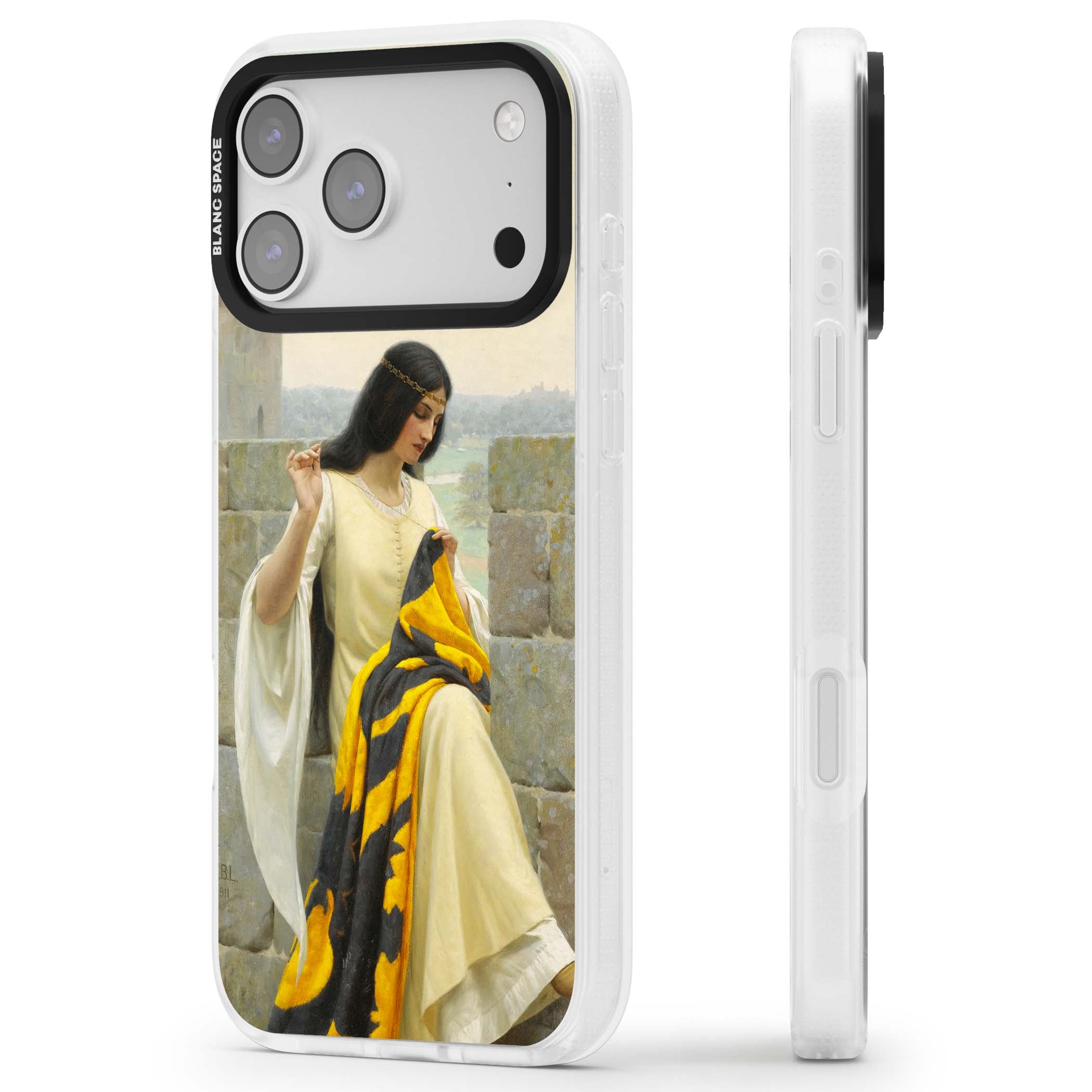 Stitching the Standard renaissance art iPhone case featuring a medieval lady sewing a golden banner on a castle wall | Clear Case Impact Air case for iPhone 17 Pro, iPhone 17 Pro Max