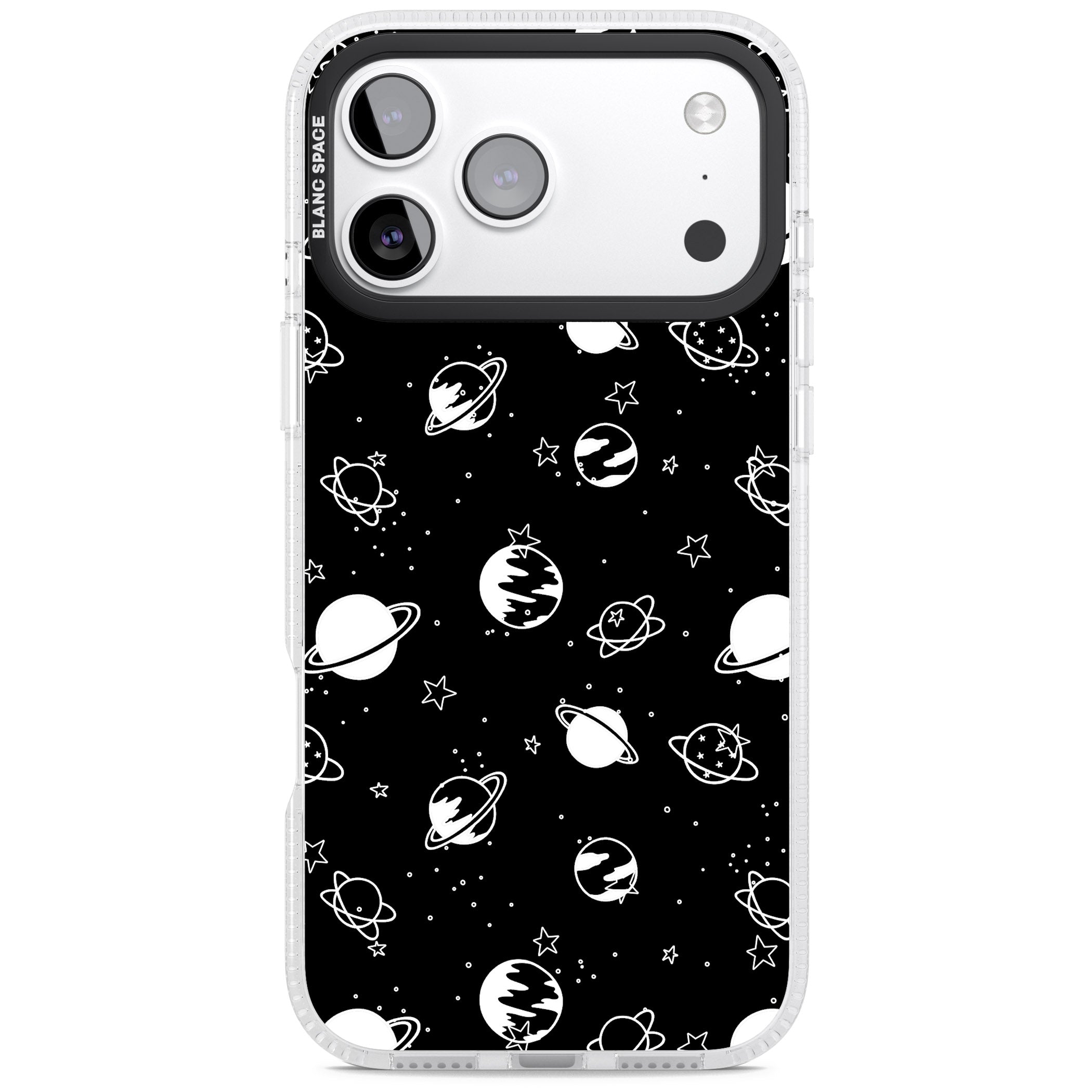 White Planets On Black iPhone 17 Pro Max Impact Air Clear Phone Case