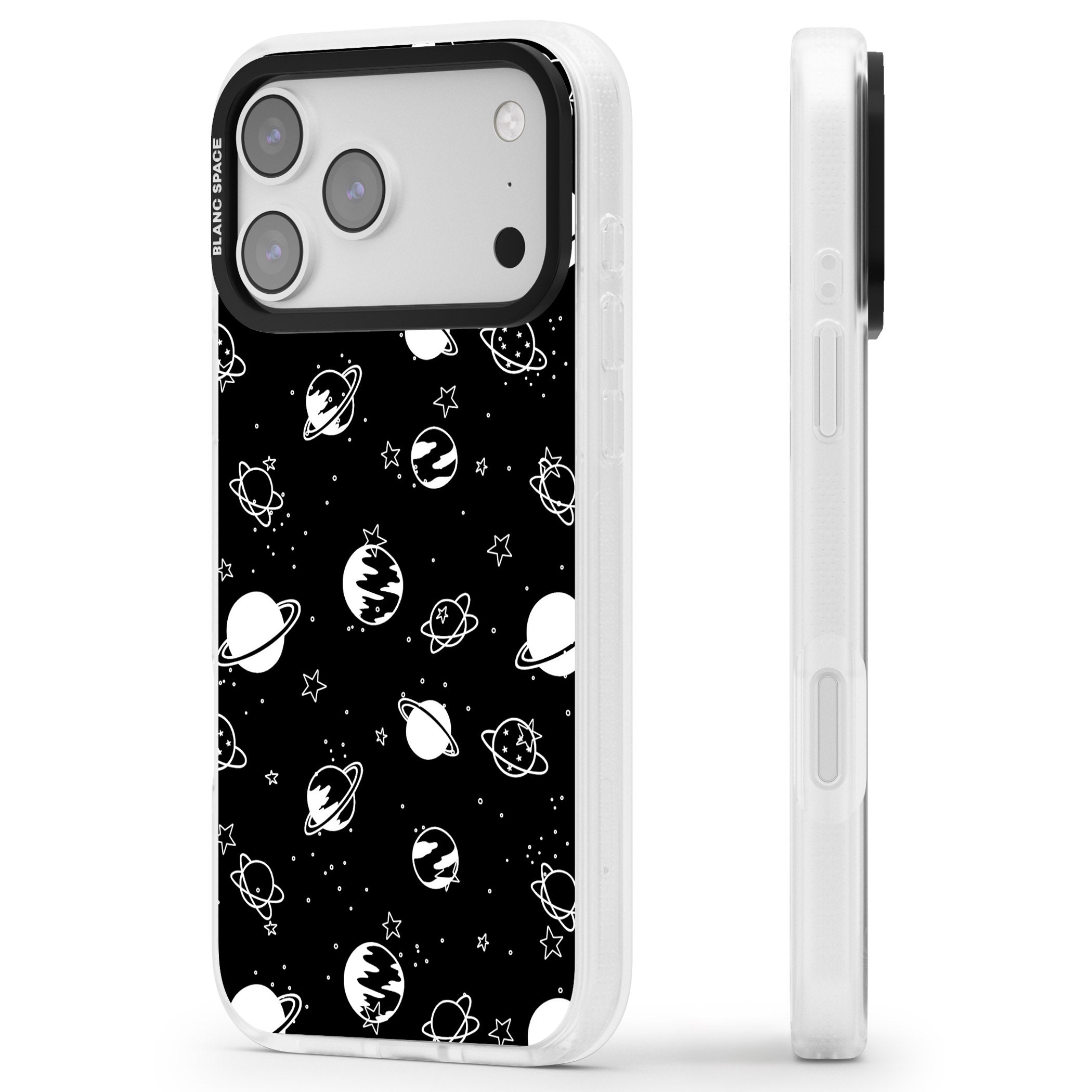 White Planets On Black iPhone 17 Pro Max Impact Air Clear Phone Case Side Profile