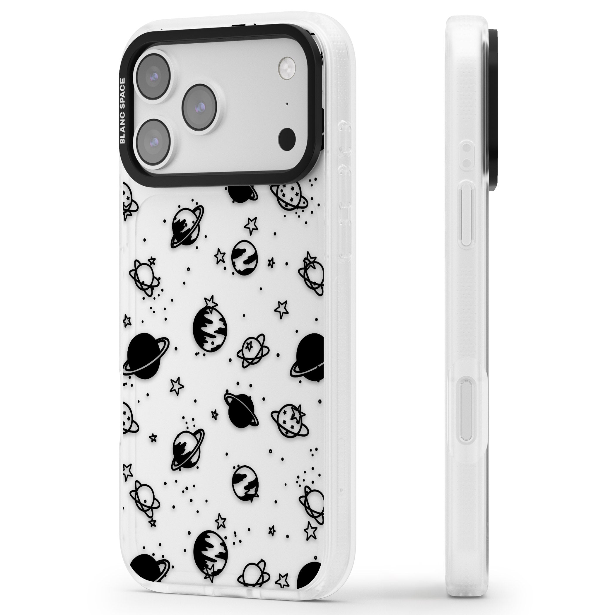 Black Planets iPhone 17 Pro Max Impact Air Clear Phone Case Side Profile