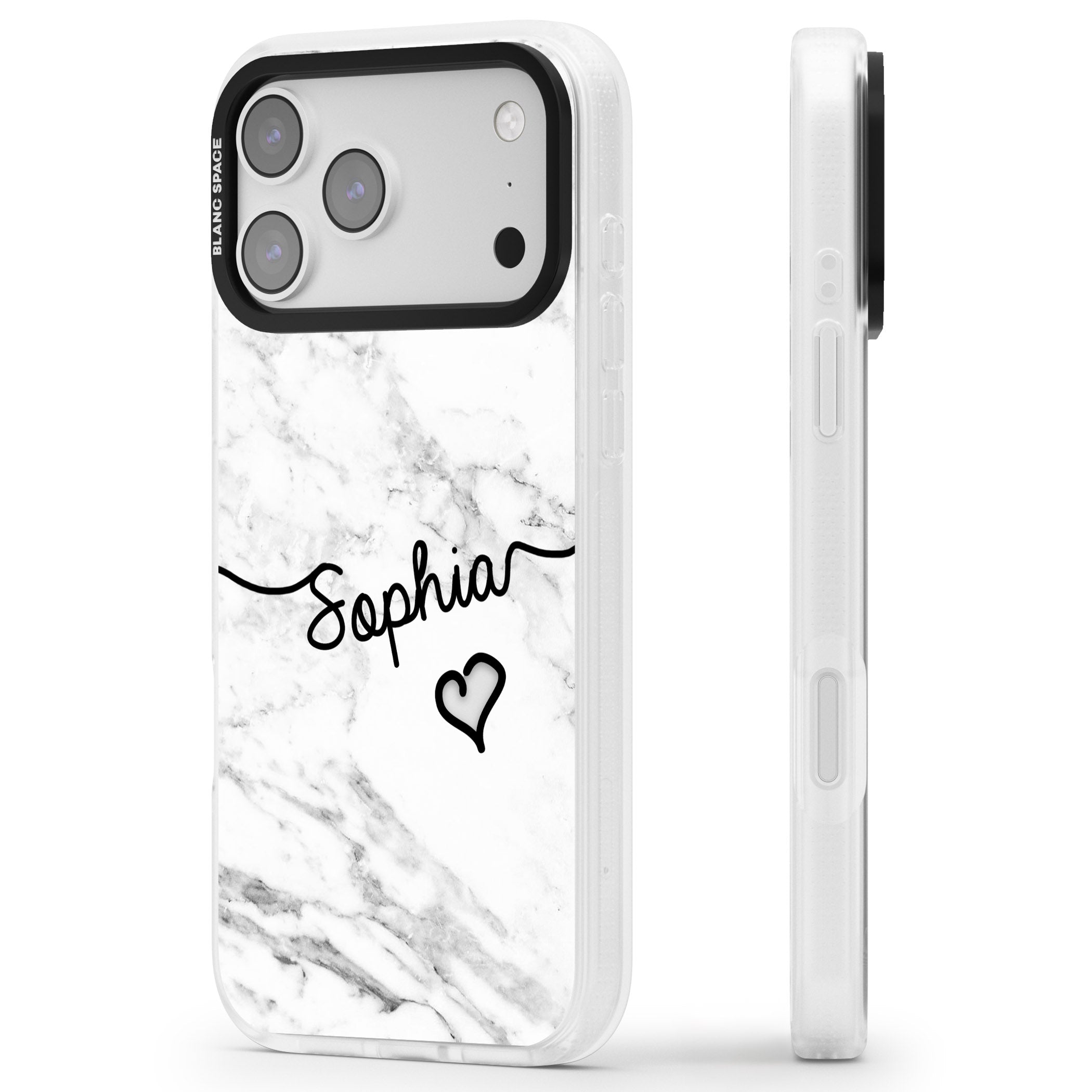 Personalised White Marble Heart iPhone 17 Pro Max Impact Air Clear Phone Case Side Profile
