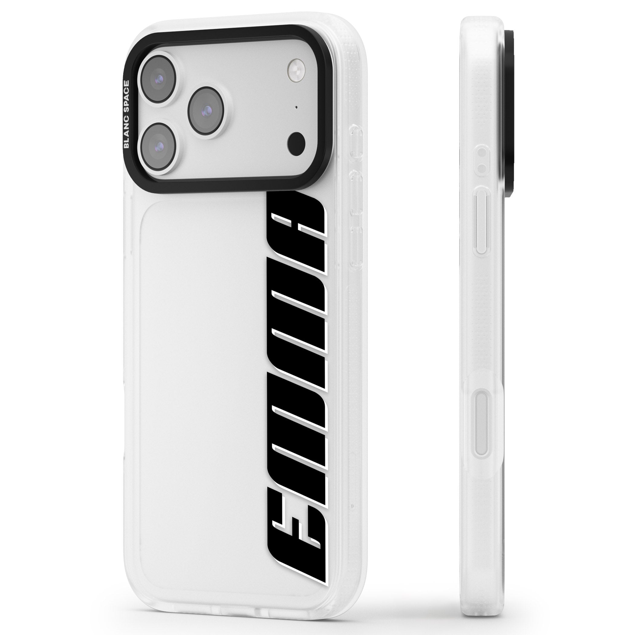 Personalised Vertical Bold Name iPhone 17 Pro Max Impact Air Clear Phone Case Side Profile
