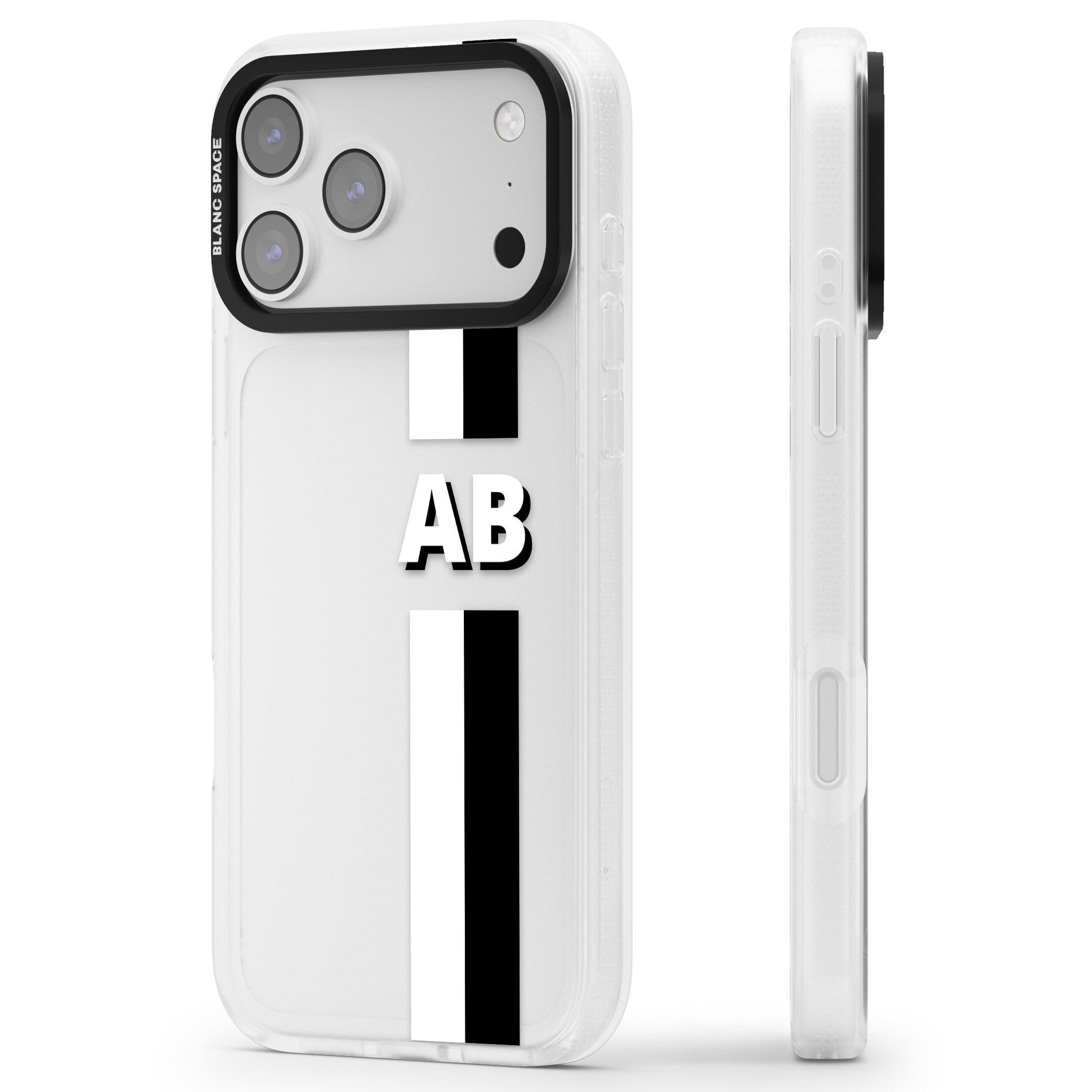 Personalised Bold Two Stripe Name iPhone 17 Pro Max Impact Air Clear Phone Case Side Profile