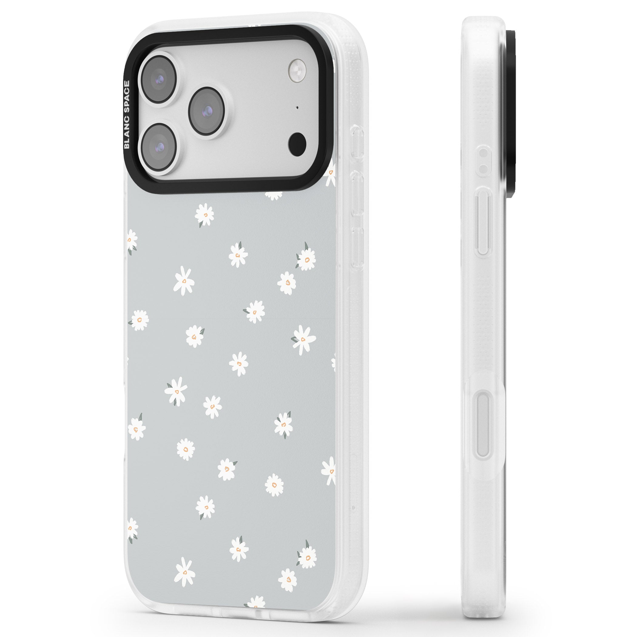 Painted Daisy Blue Grey iPhone 17 Pro Max Impact Air Clear Phone Case Side Profile