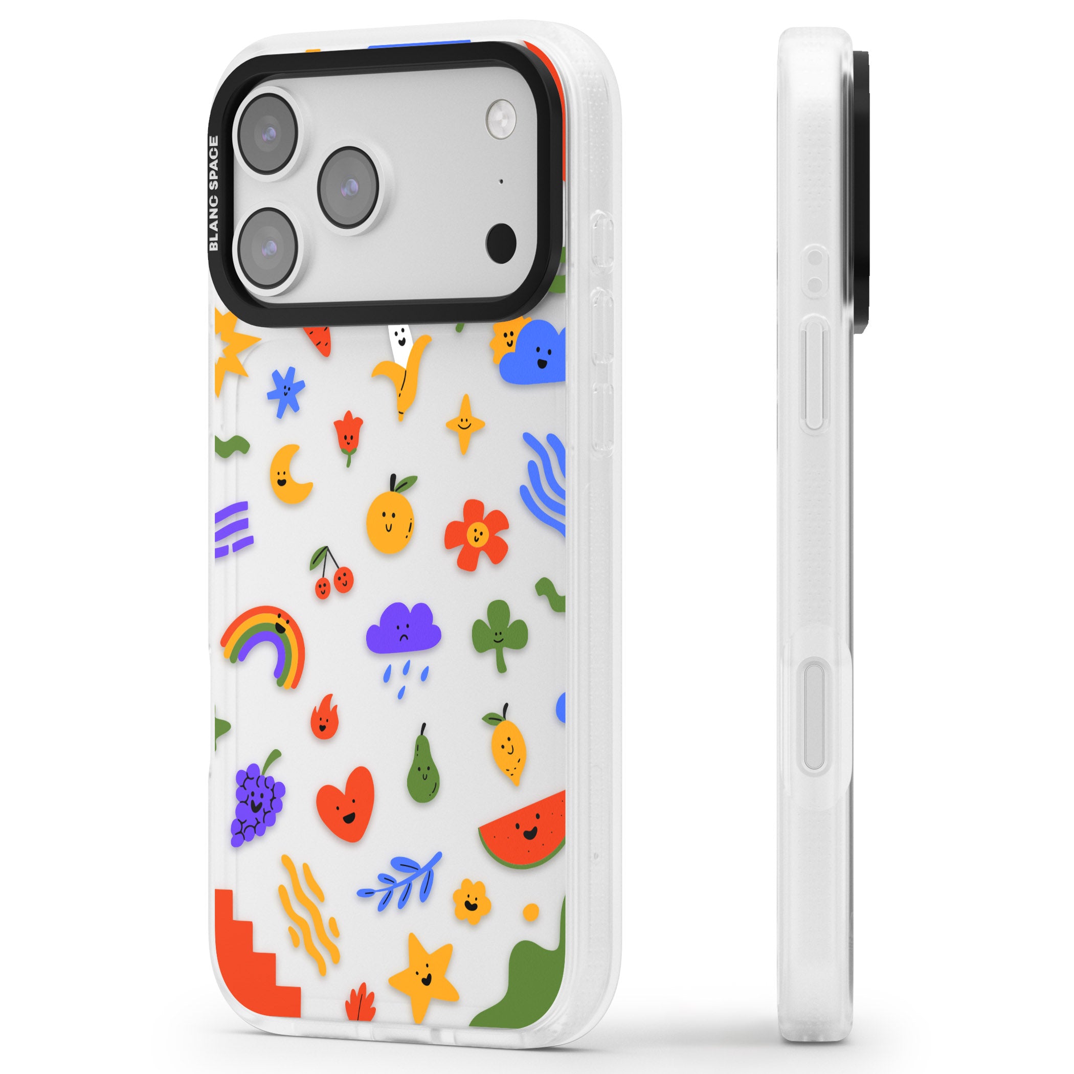 Quirky Cute Icon Pattern iPhone 17 Pro Impact Air Clear Phone Case Side Profile