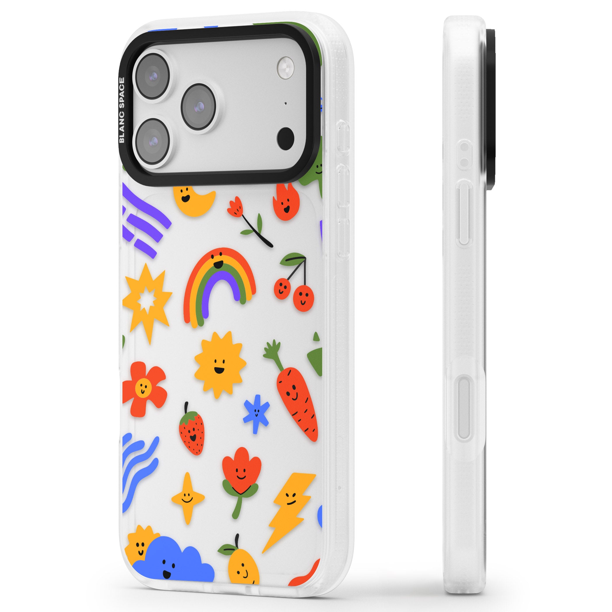 Colorful Kawaii Icons iPhone 17 Pro Max Impact Air Clear Phone Case Side Profile