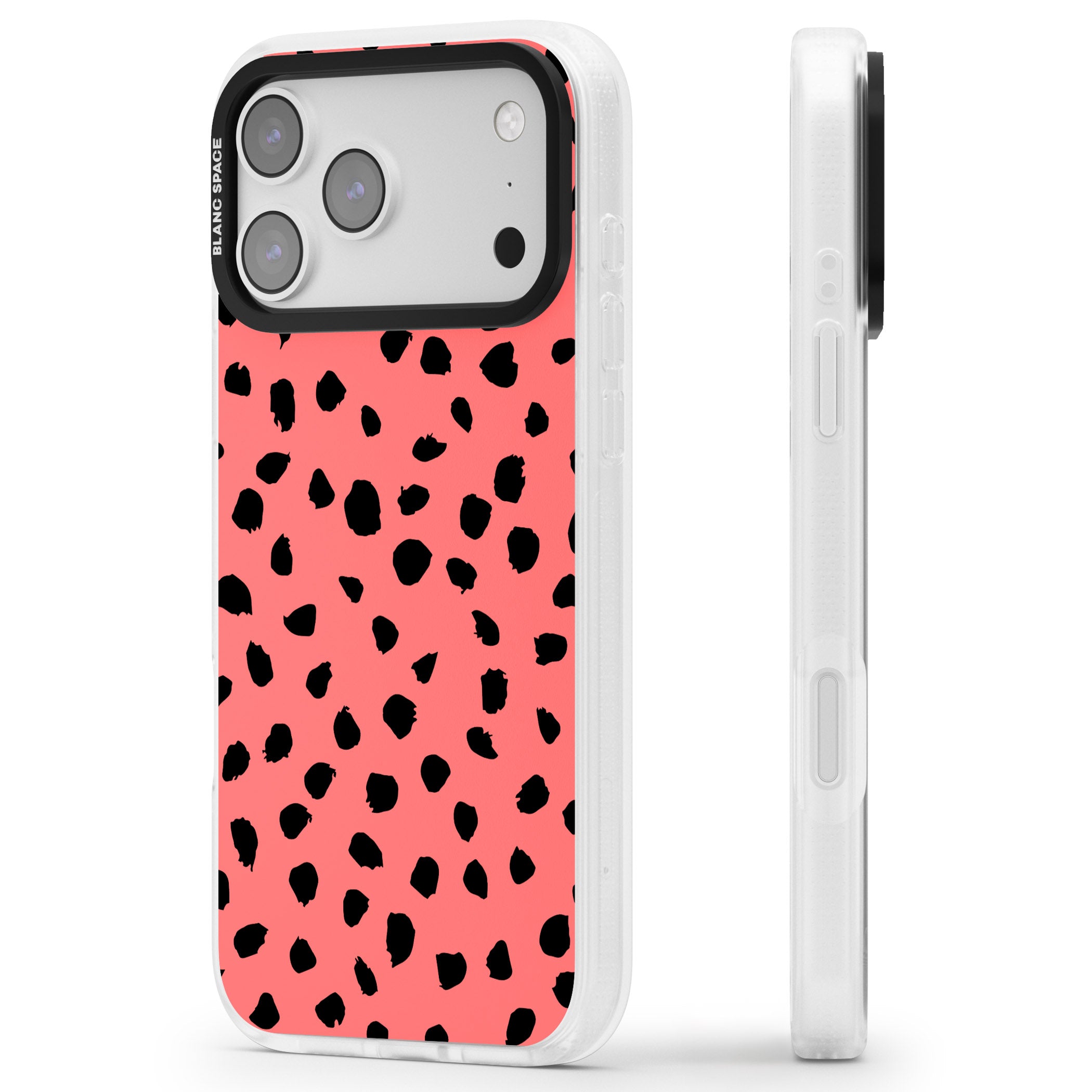 Black Dalmatian Spots On Coral iPhone 17 Pro Max Impact Air Clear Phone Case Side Profile