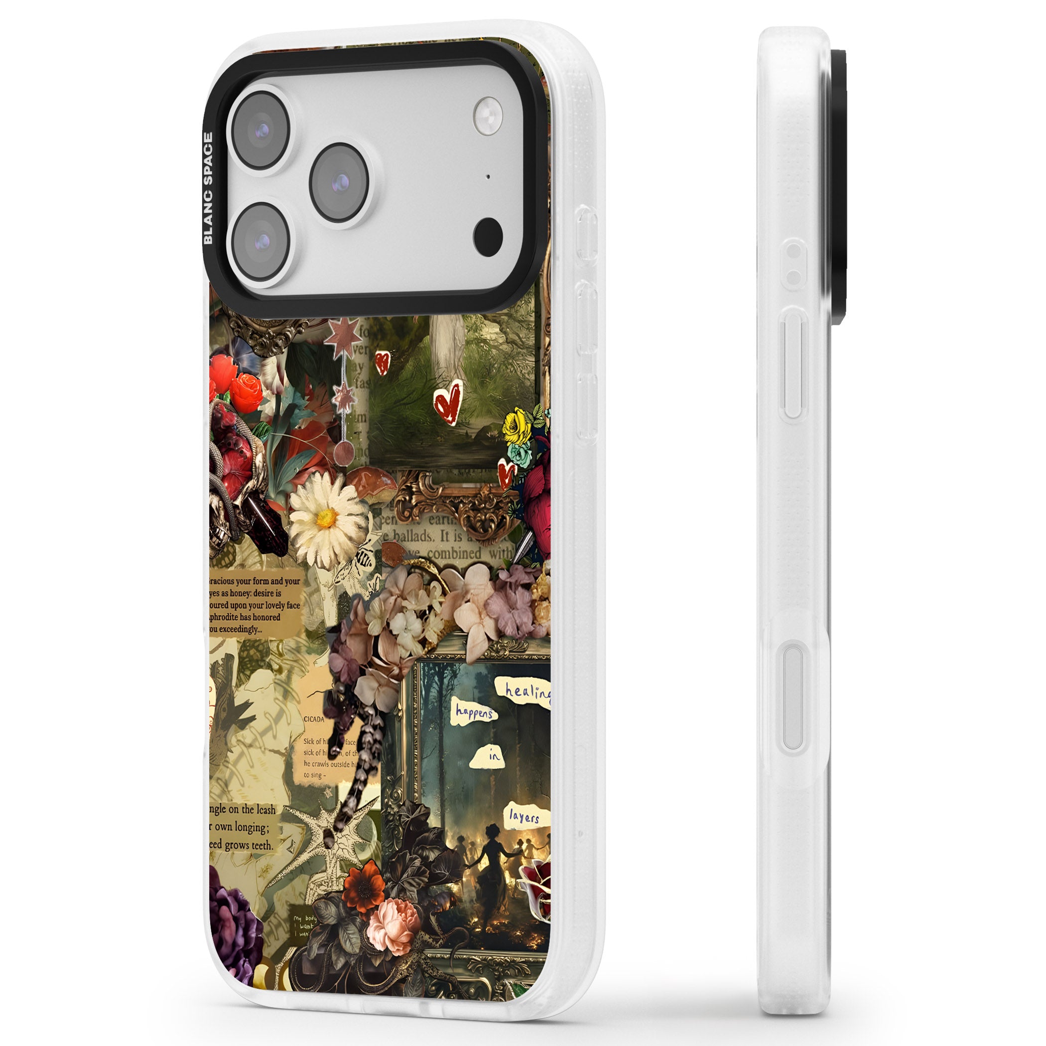 Textbook Romance Collage iPhone 17 Pro Max Impact Air Clear Phone Case Side Profile