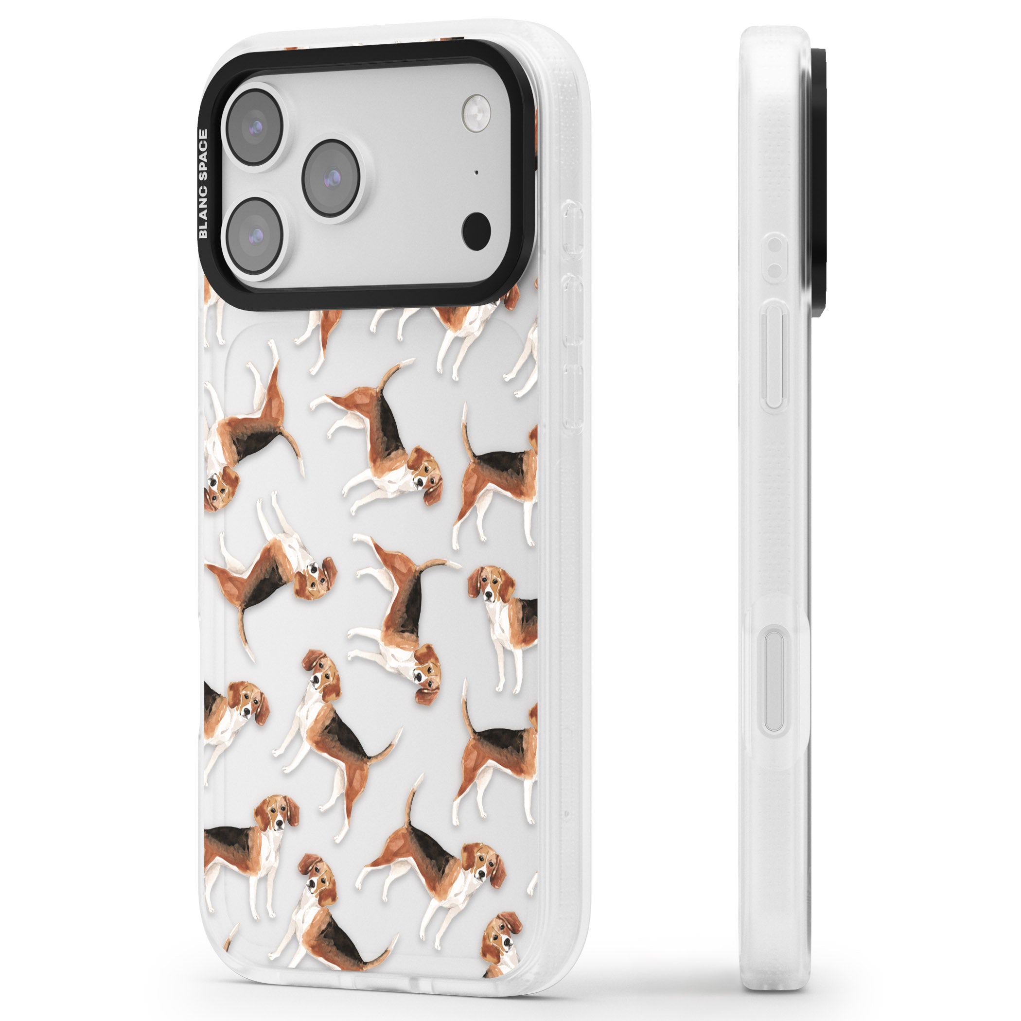 Beagle Watercolor Pattern iPhone 17 Pro Max Impact Air Clear Phone Case Side Profile
