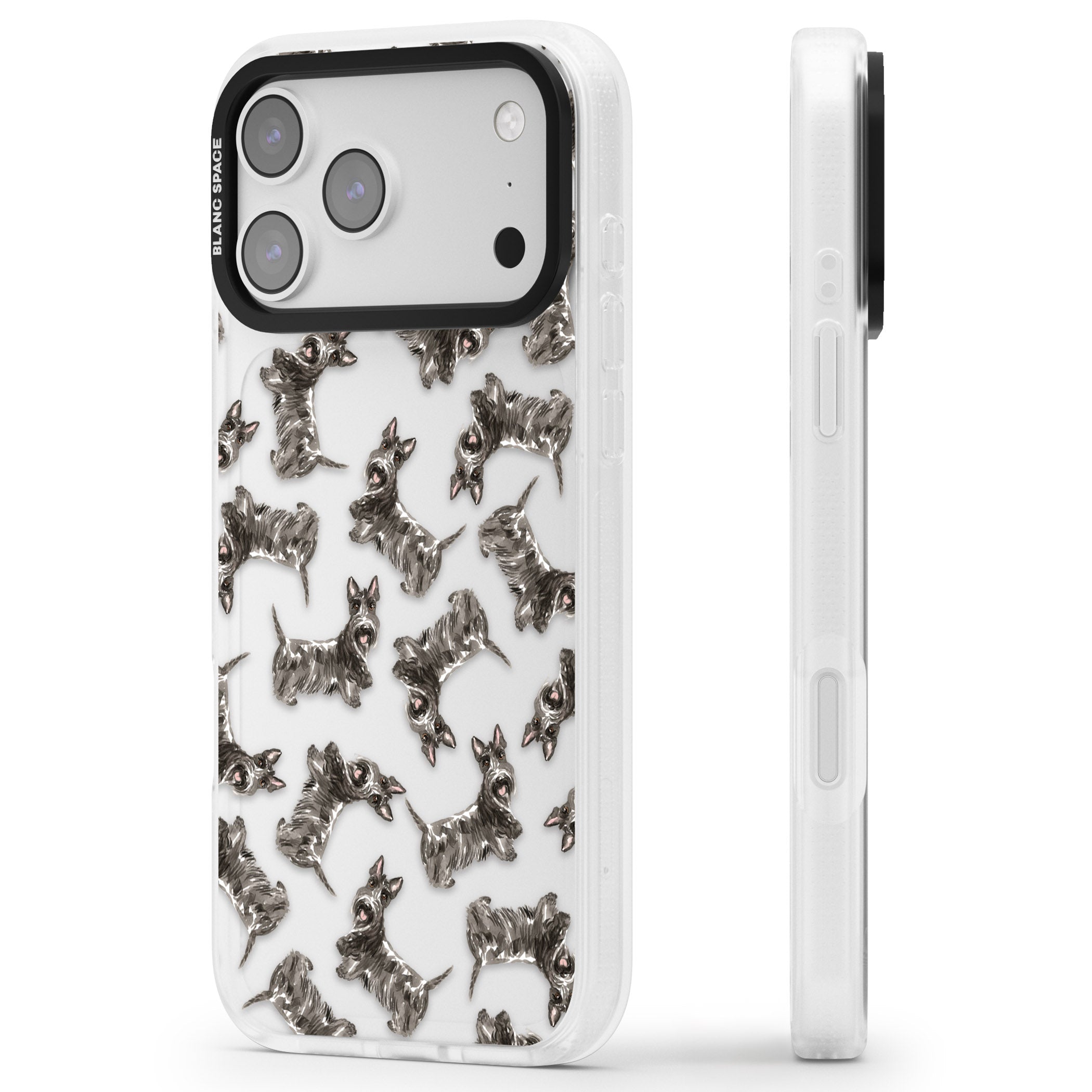 Scottish Terrier Pattern iPhone 17 Pro Max Impact Air Clear Phone Case Side Profile