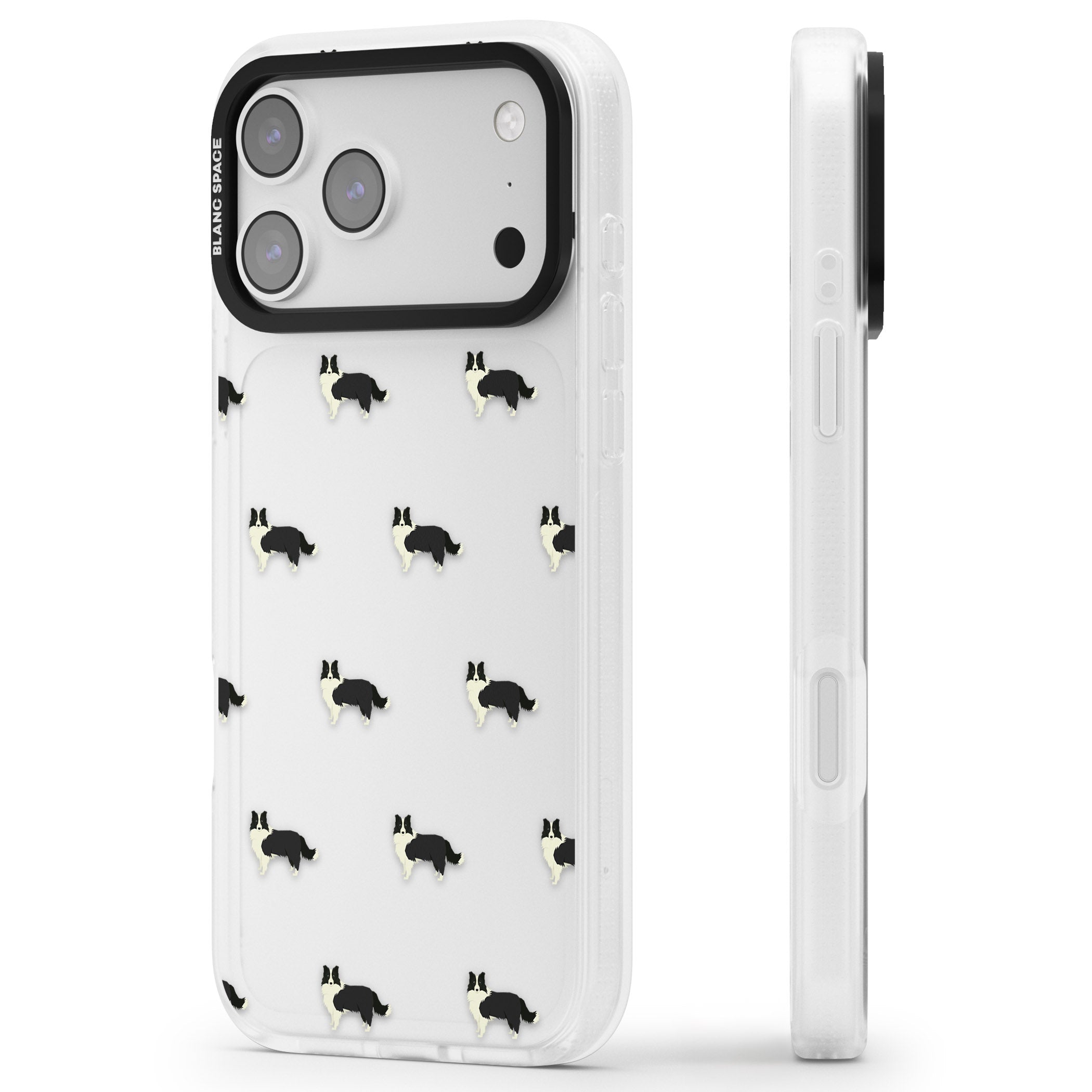 Border Collie Pattern Clear iPhone 17 Pro Max Impact Air Clear Phone Case Side Profile