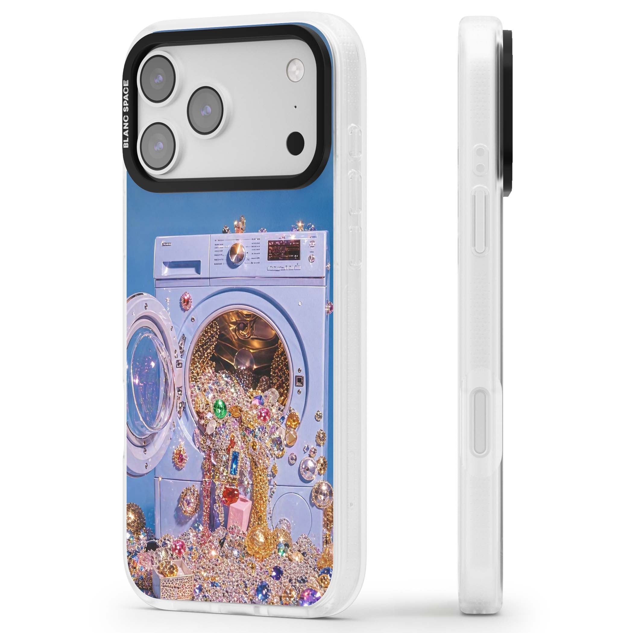 Gem Laundry baddie iPhone case featuring a surreal washing machine overflowing with colourful gemstones and crystals | Clear Case Impact Air case for iPhone 17 Pro, iPhone 17 Pro Max