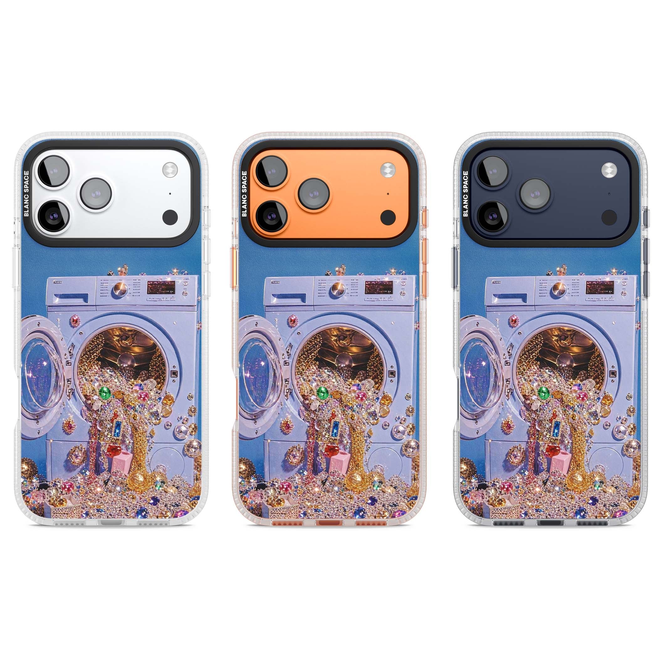 Gem Laundry baddie iPhone case featuring a surreal washing machine overflowing with colourful gemstones and crystals | Clear Case Impact Air case for iPhone 17 Pro, iPhone 17 Pro Max