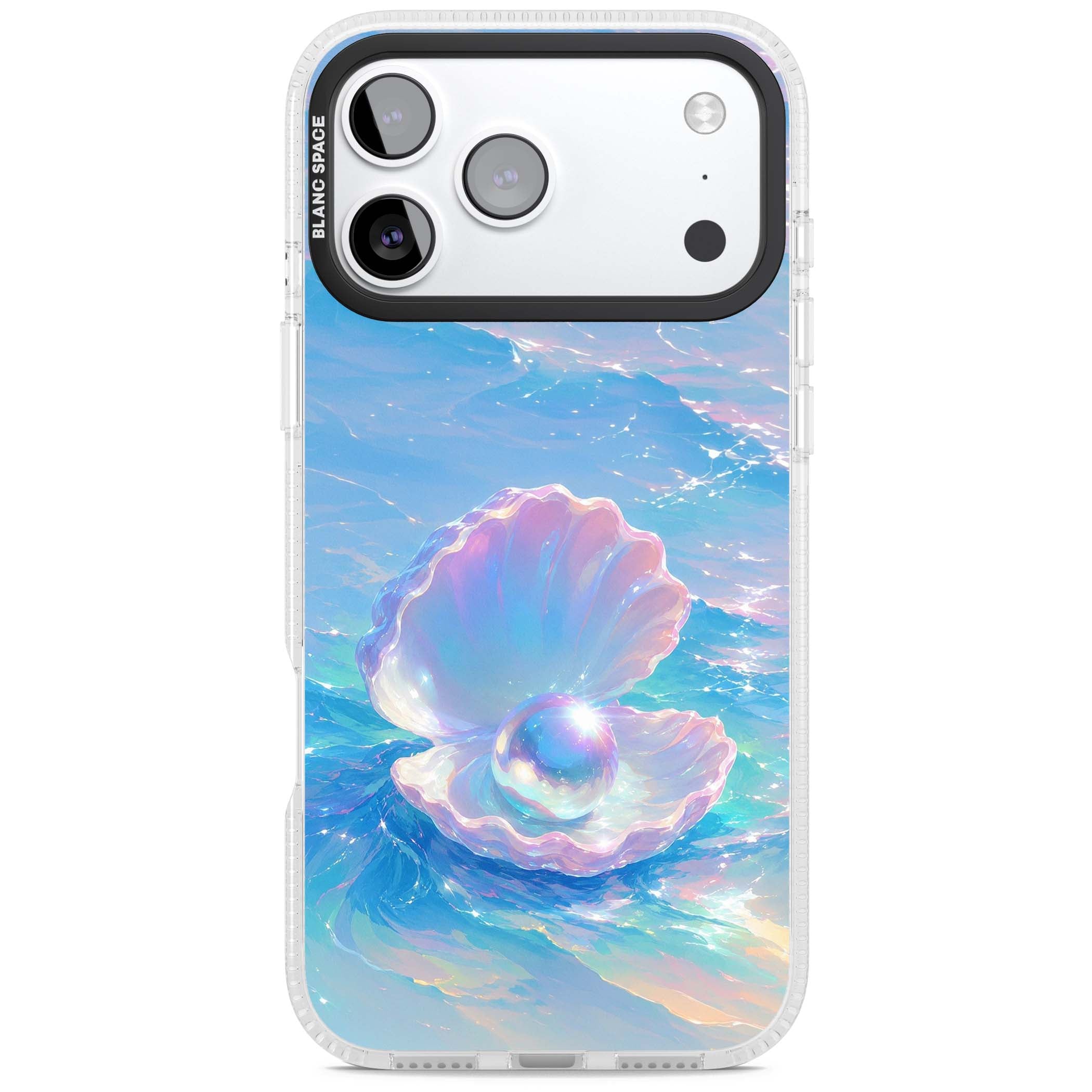 The Pearl Clam mermaidcore iPhone case featuring iridescent seashell, glowing pearl and pastel ocean waves | Clear Case Impact Air case for iPhone 17 Pro, iPhone 17 Pro Max
