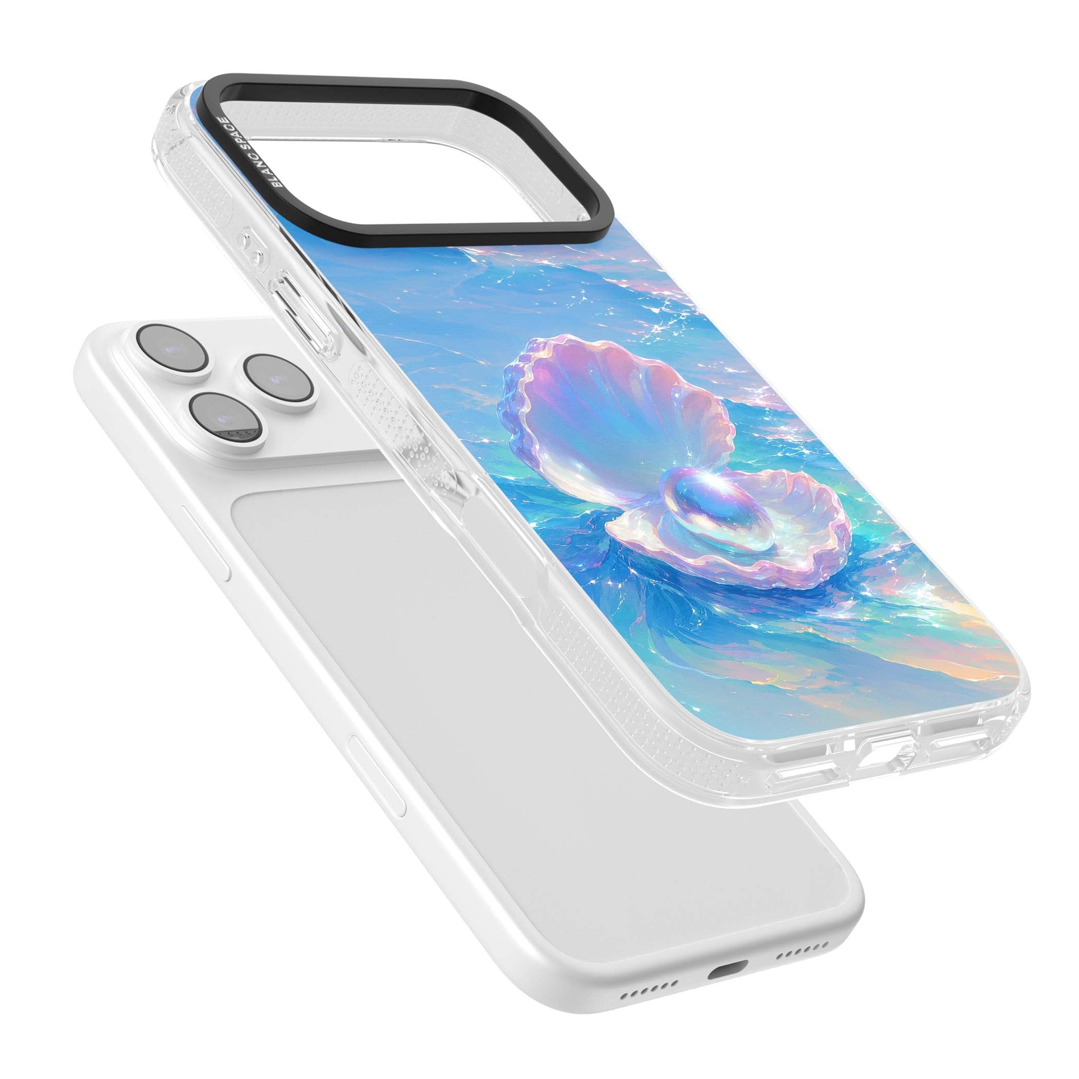 The Pearl Clam mermaidcore iPhone case featuring iridescent seashell, glowing pearl and pastel ocean waves | Clear Case Impact Air case for iPhone 17 Pro, iPhone 17 Pro Max