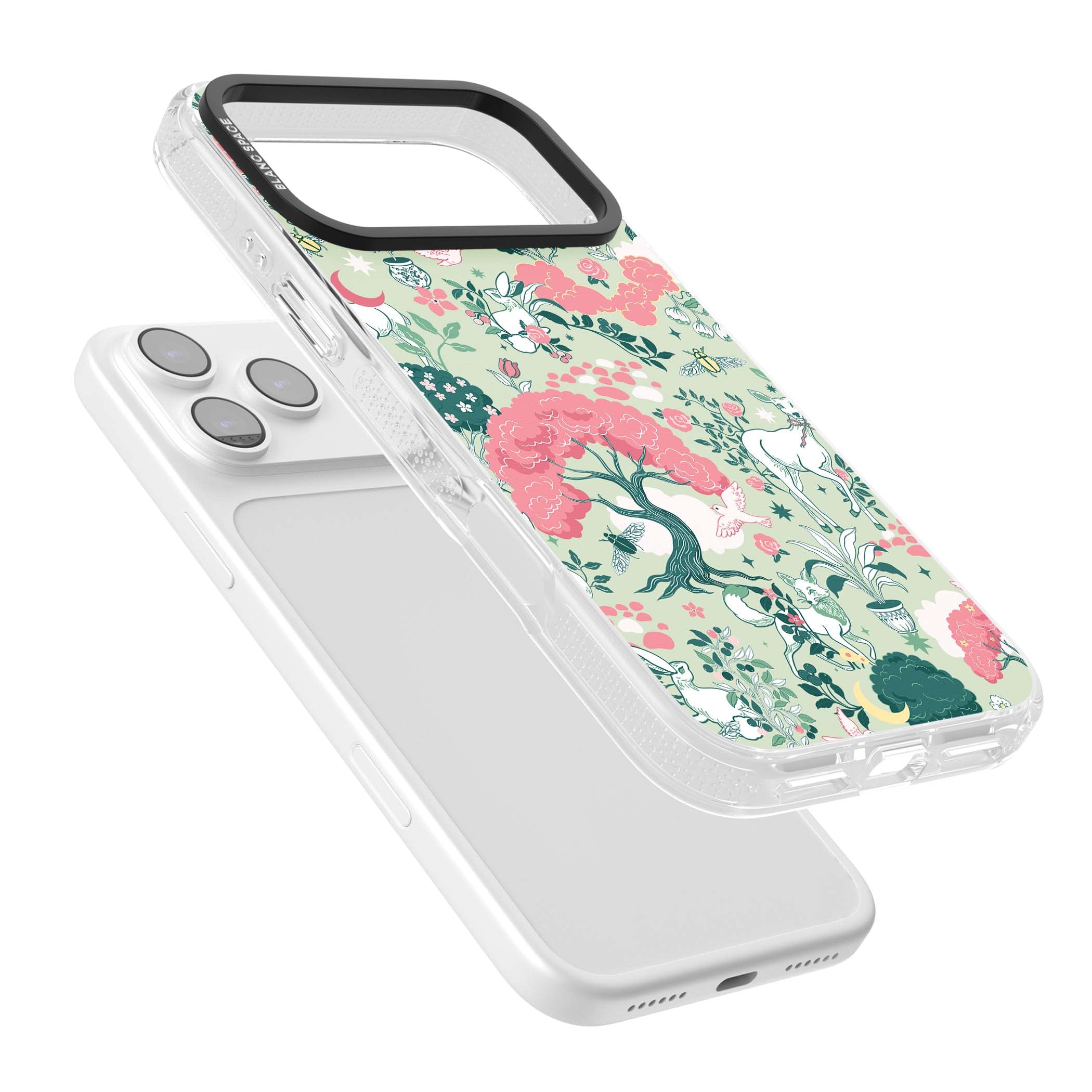 Enchanted Woodland cottagecore iPhone case featuring white deer, pink roses, mushrooms and woodland animals on sage green | Clear Case Impact Air case for iPhone 17 Pro, iPhone 17 Pro Max