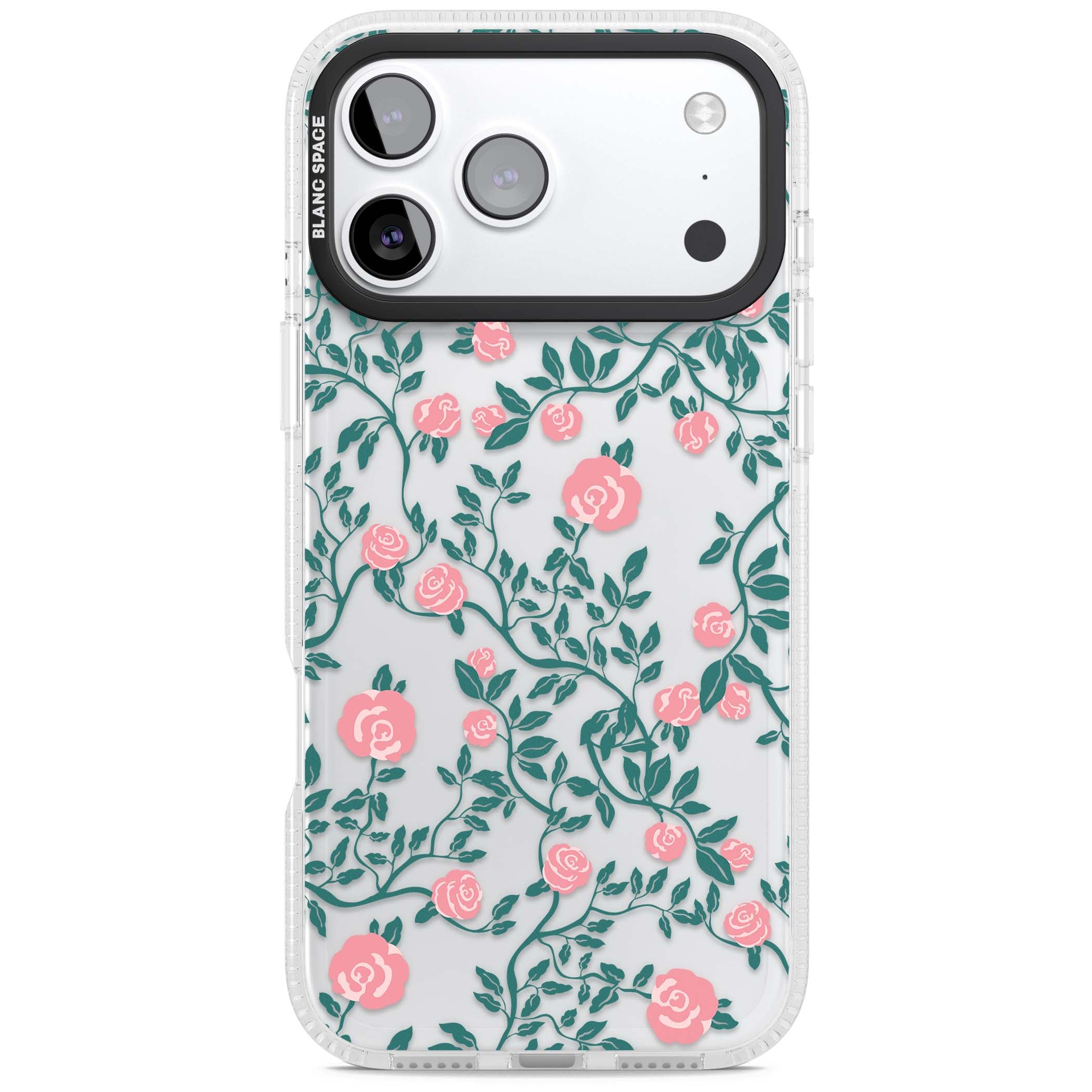 Rose Trellis (Clear) cottagecore iPhone case featuring pink climbing roses and green leaves on clear background | Clear Case Impact Air case for iPhone 17 Pro, iPhone 17 Pro Max