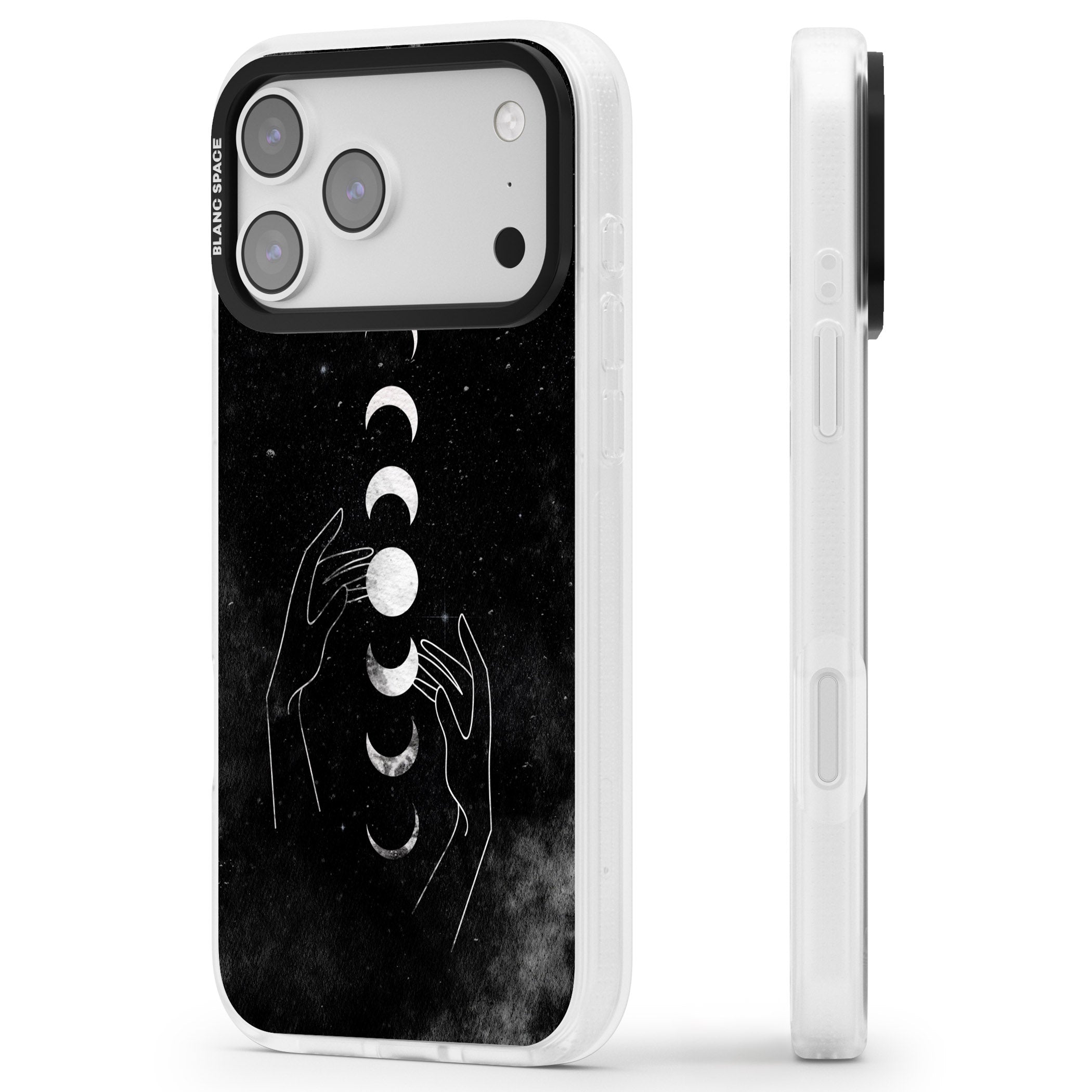 Moon Phases Hands iPhone 17 Pro Max Impact Air Clear Phone Case Side Profile