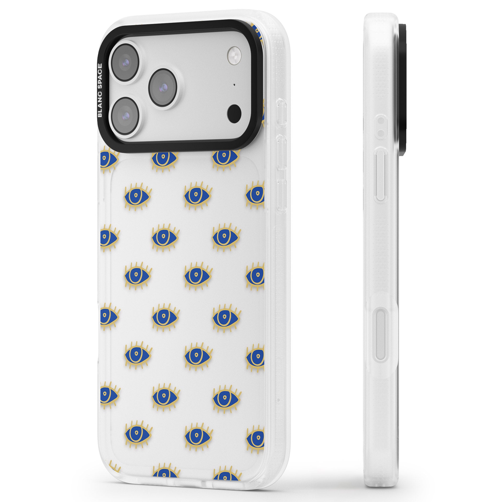 Psychedelic Eyes Pattern Classic iPhone 17 Pro Max Impact Air Clear Phone Case Side Profile