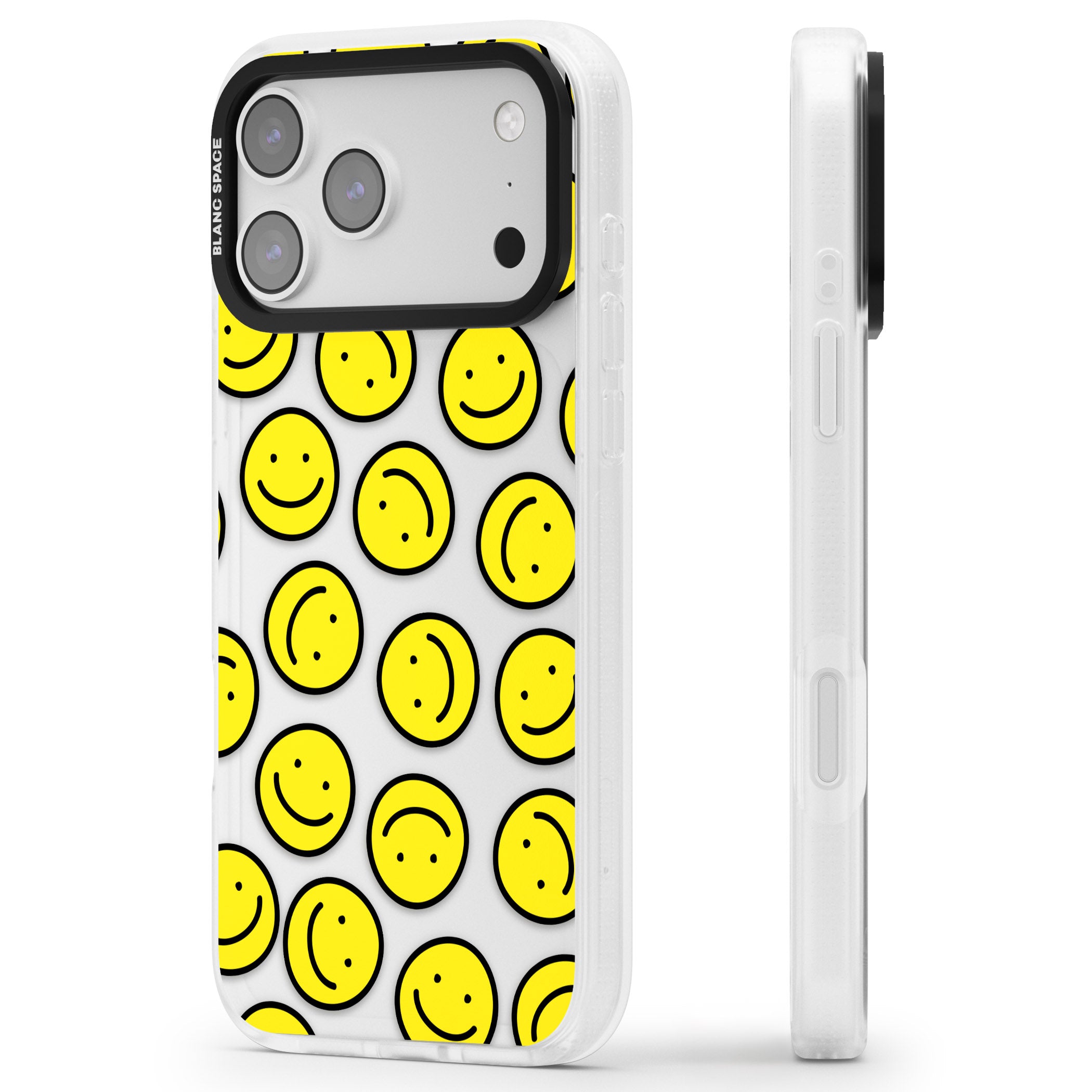Smiley Face Pattern iPhone 17 Pro Max Impact Air Clear Phone Case Side Profile