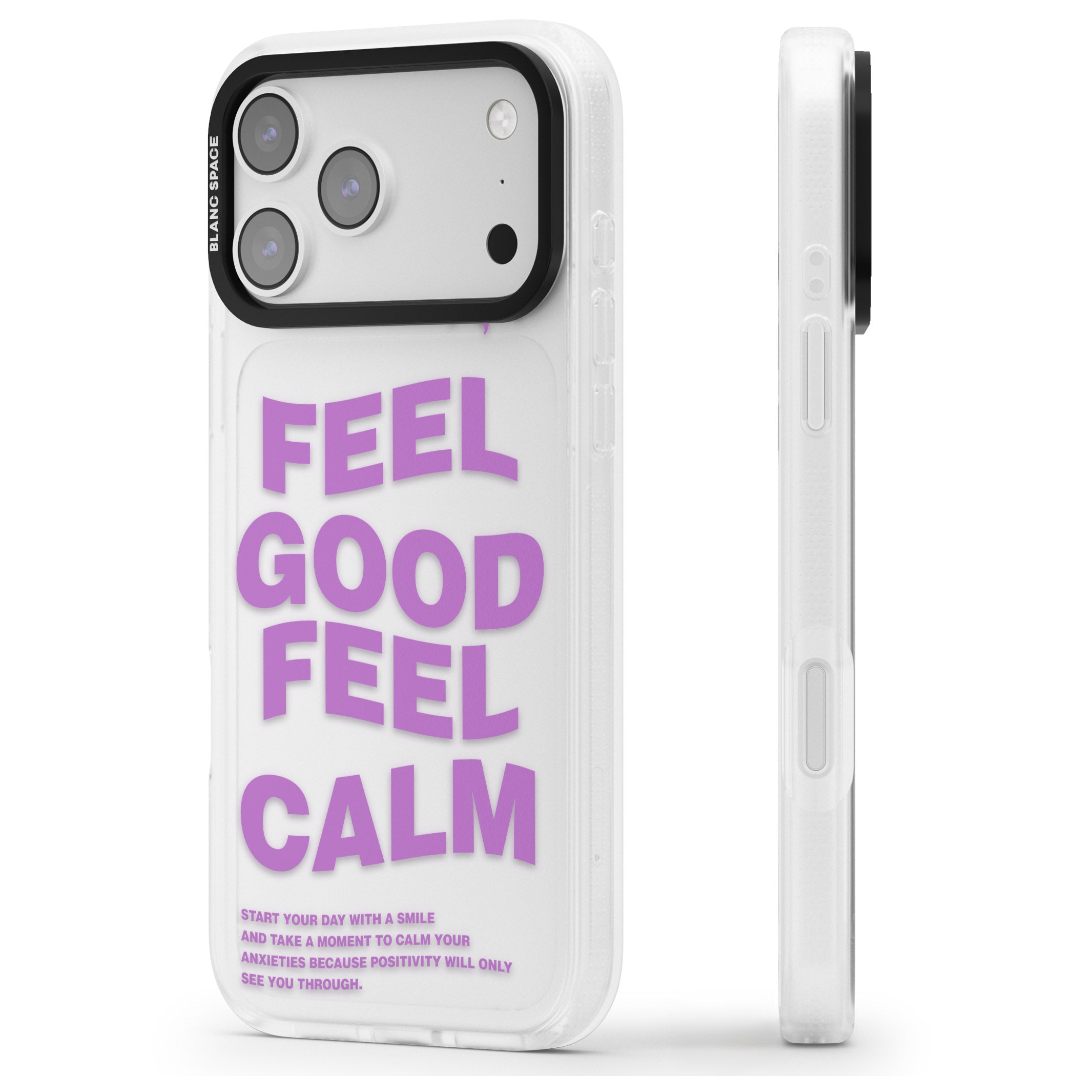 Feel Good Feel Calm (Purple) iPhone 17 Pro Max Impact Air Clear Phone Case Side Profile