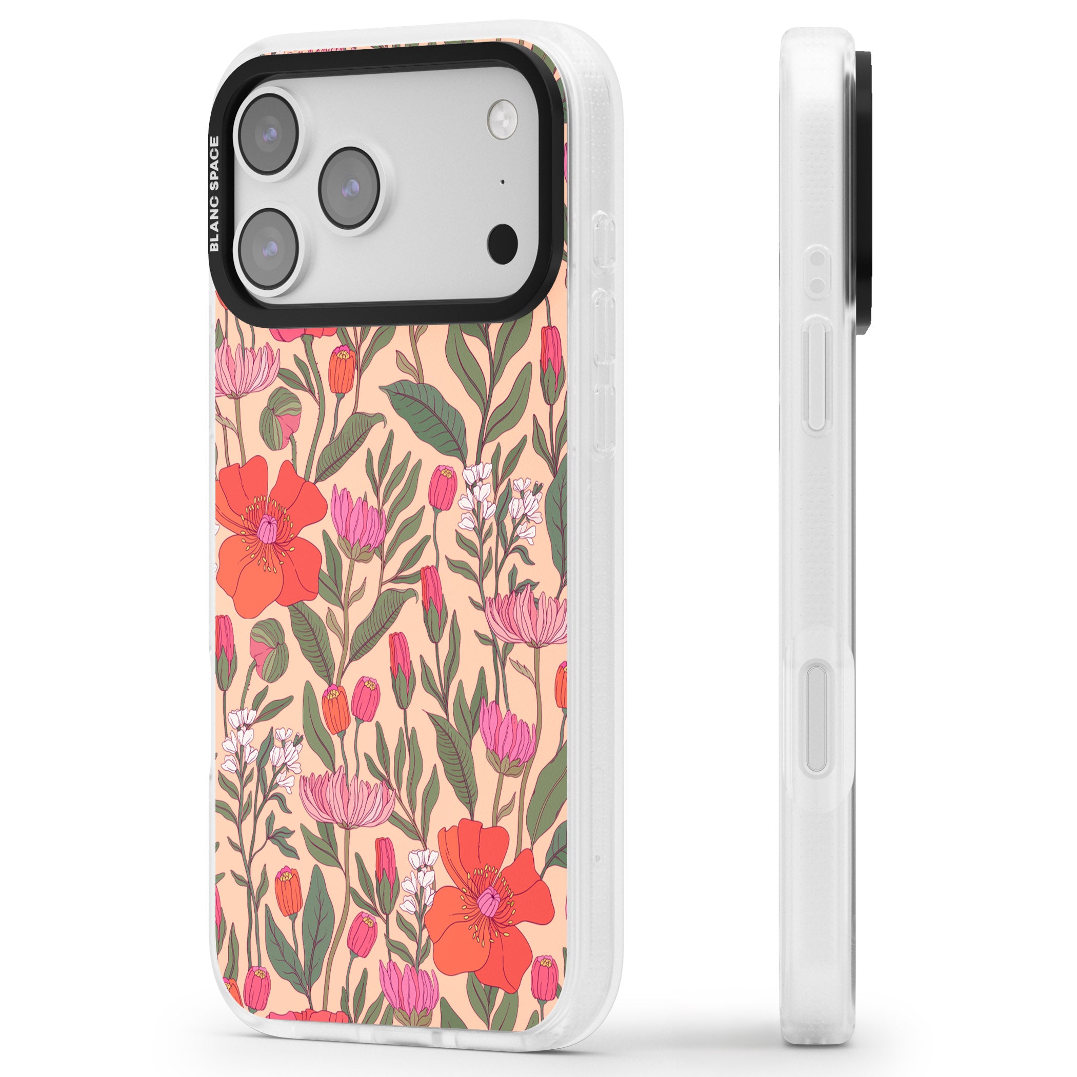 Peachy Floral Background iPhone 17 Pro Max Impact Air Clear Phone Case Side Profile