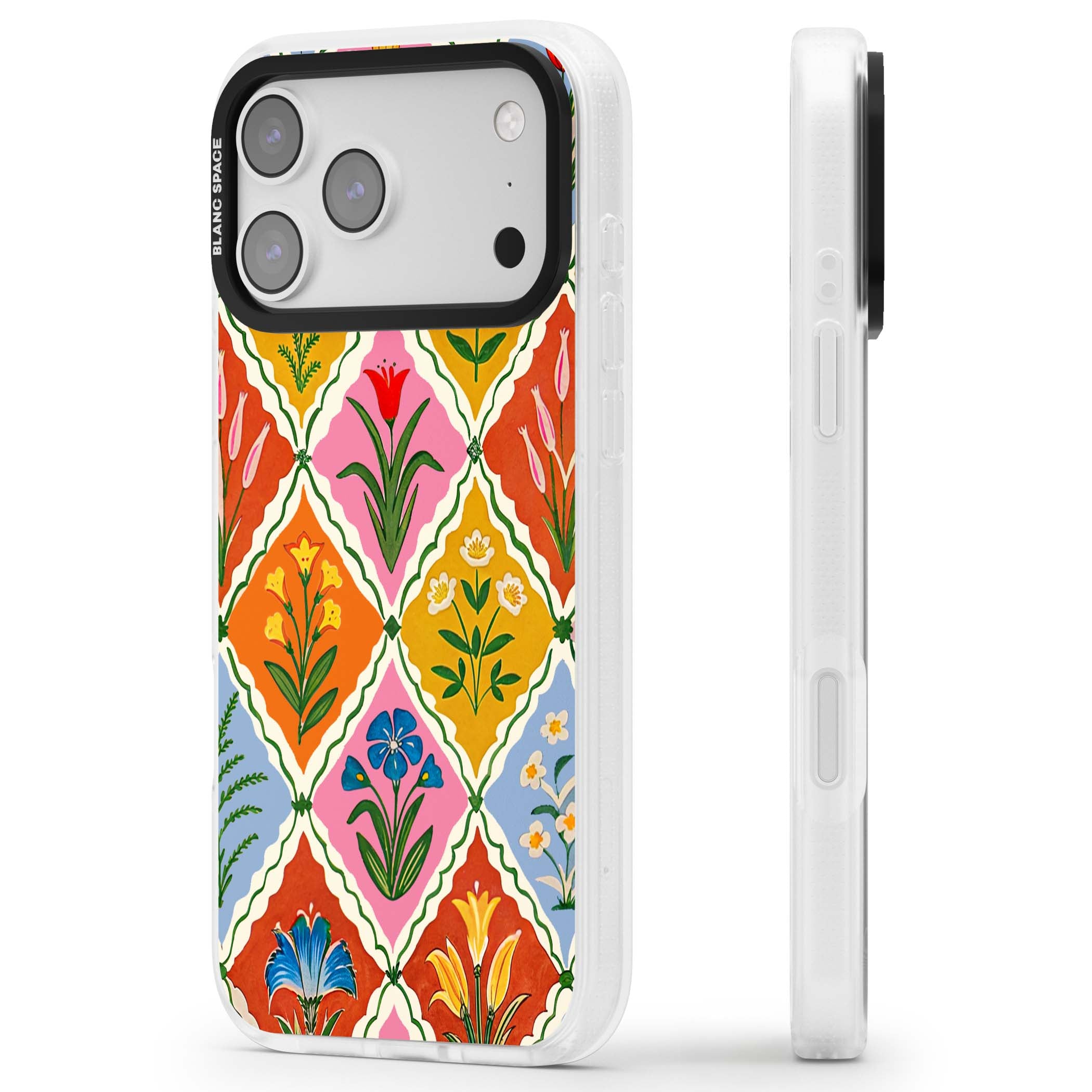 Floral Quilt boho floral iPhone case featuring diamond lattice pattern, hand-painted tulips and folk art wildflowers | Clear Case Impact Air case for iPhone 17 Pro, iPhone 17 Pro Max
