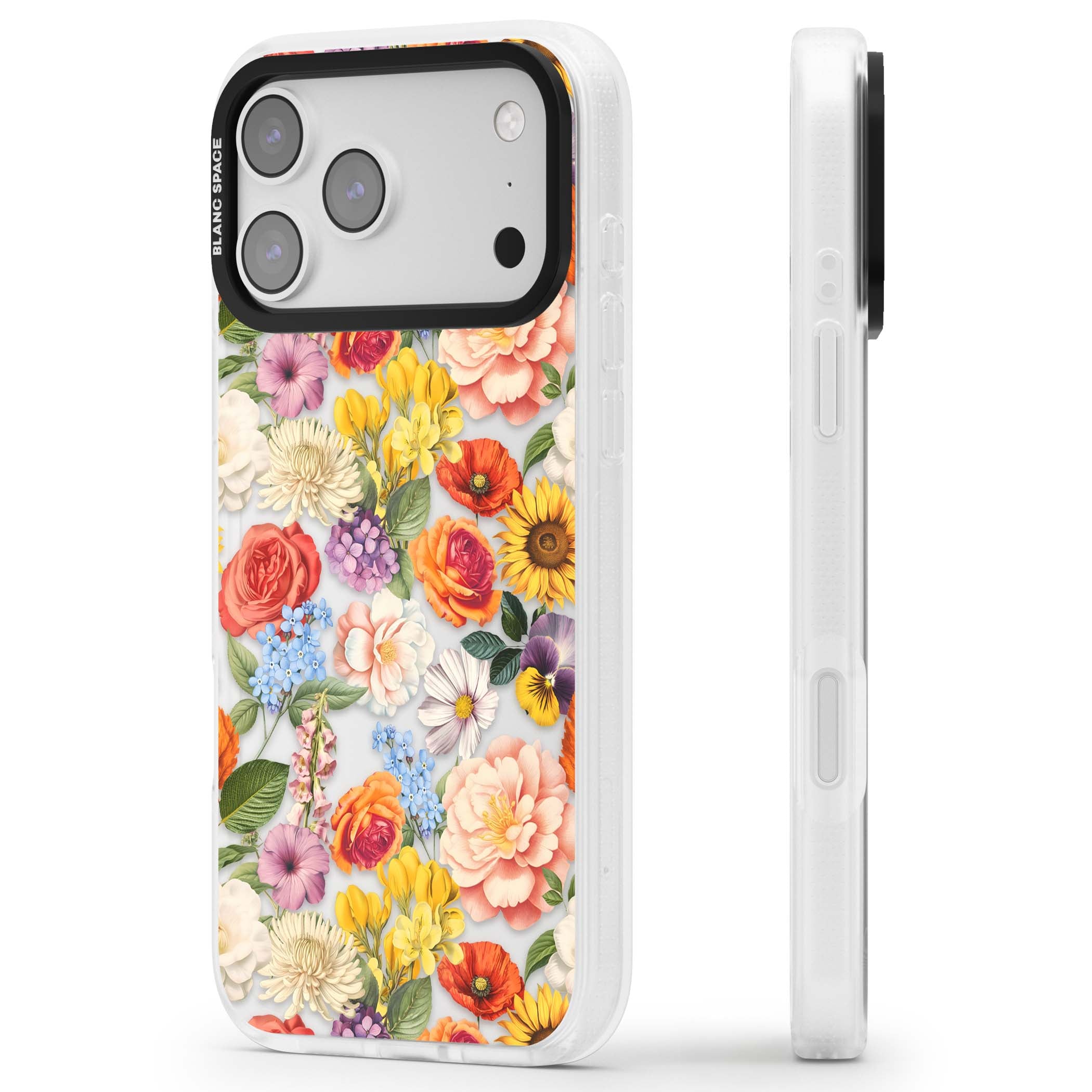 Bloom Basket floral iPhone case featuring cottage garden flowers including peonies, sunflowers, and wildflowers in pastel col | Clear Case Impact Air case for iPhone 17 Pro, iPhone 17 Pro Max