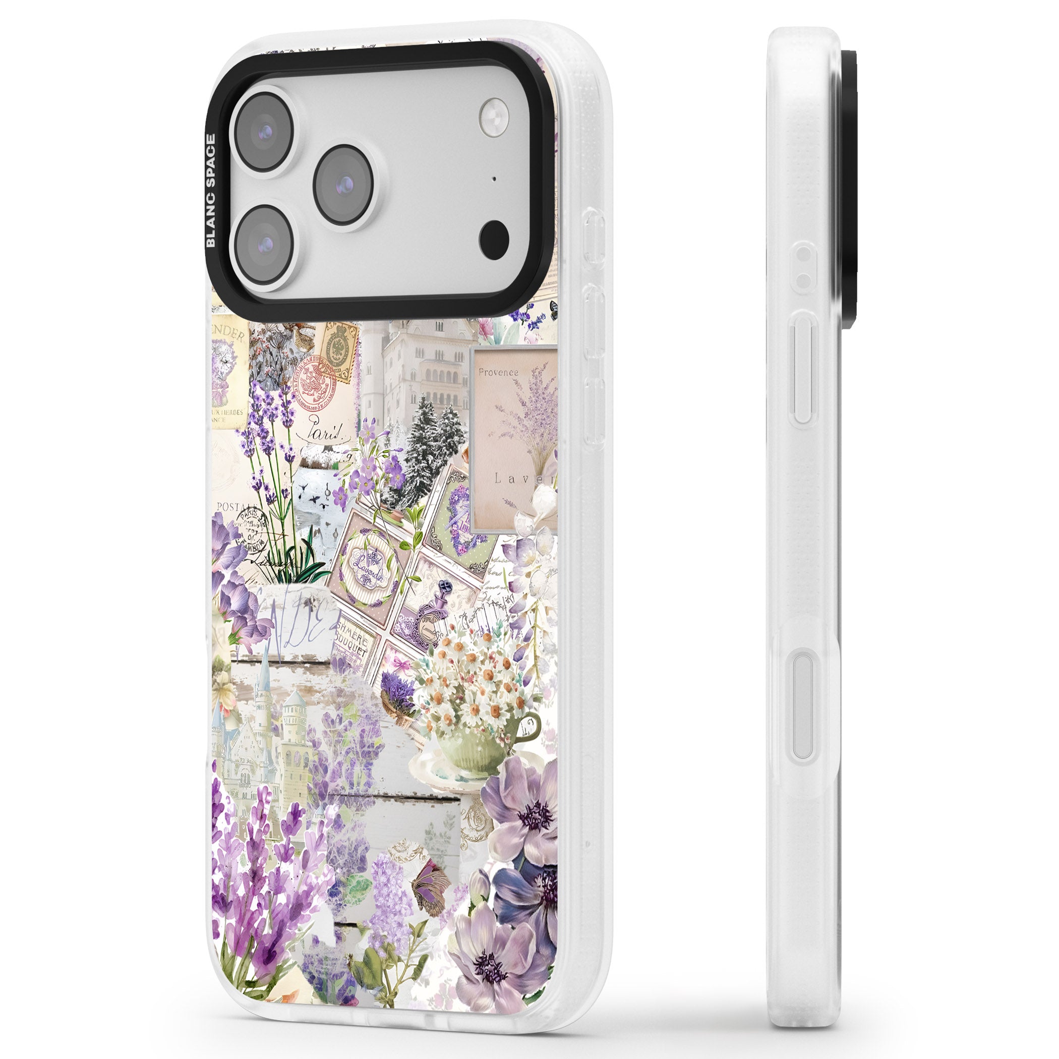 Soft Lavender Collage iPhone 17 Pro Max Impact Air Clear Phone Case Side Profile