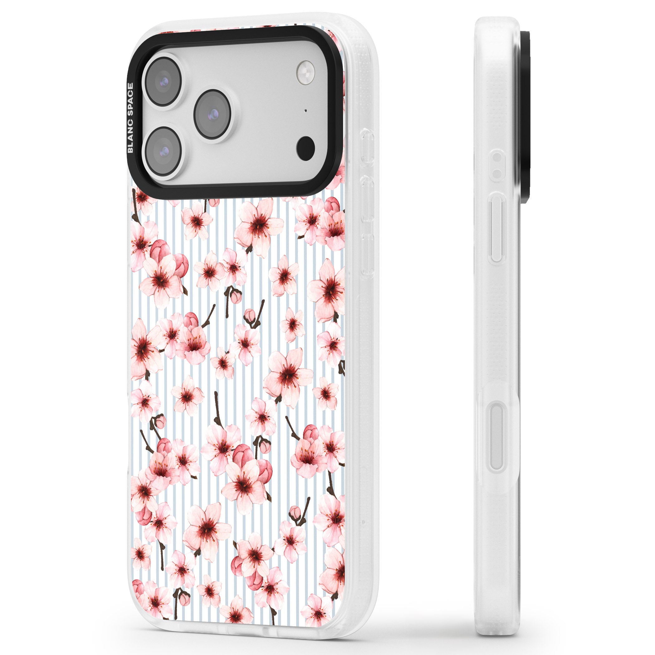 Cherry Blossoms Striped iPhone 17 Pro Max Impact Air Clear Phone Case Side Profile