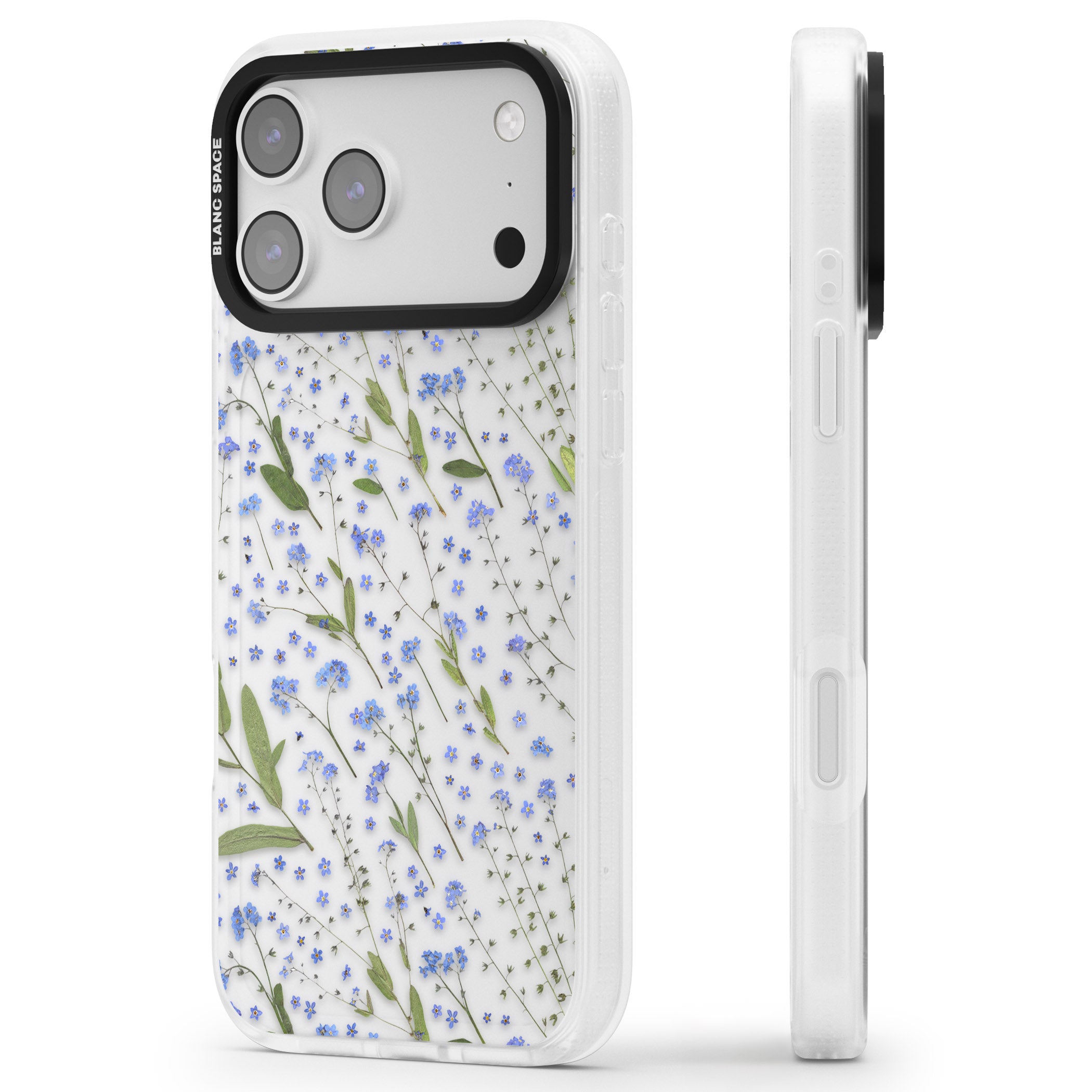 Blue Meadow Floral iPhone 17 Pro Max Impact Air Clear Phone Case Side Profile