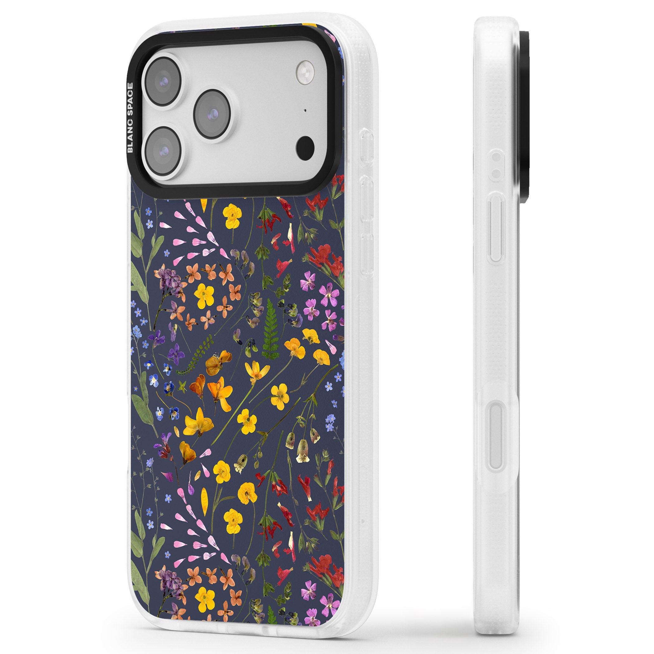 Wildflower Leaves Cluster Navy iPhone 17 Pro Max Impact Air Clear Phone Case Side Profile
