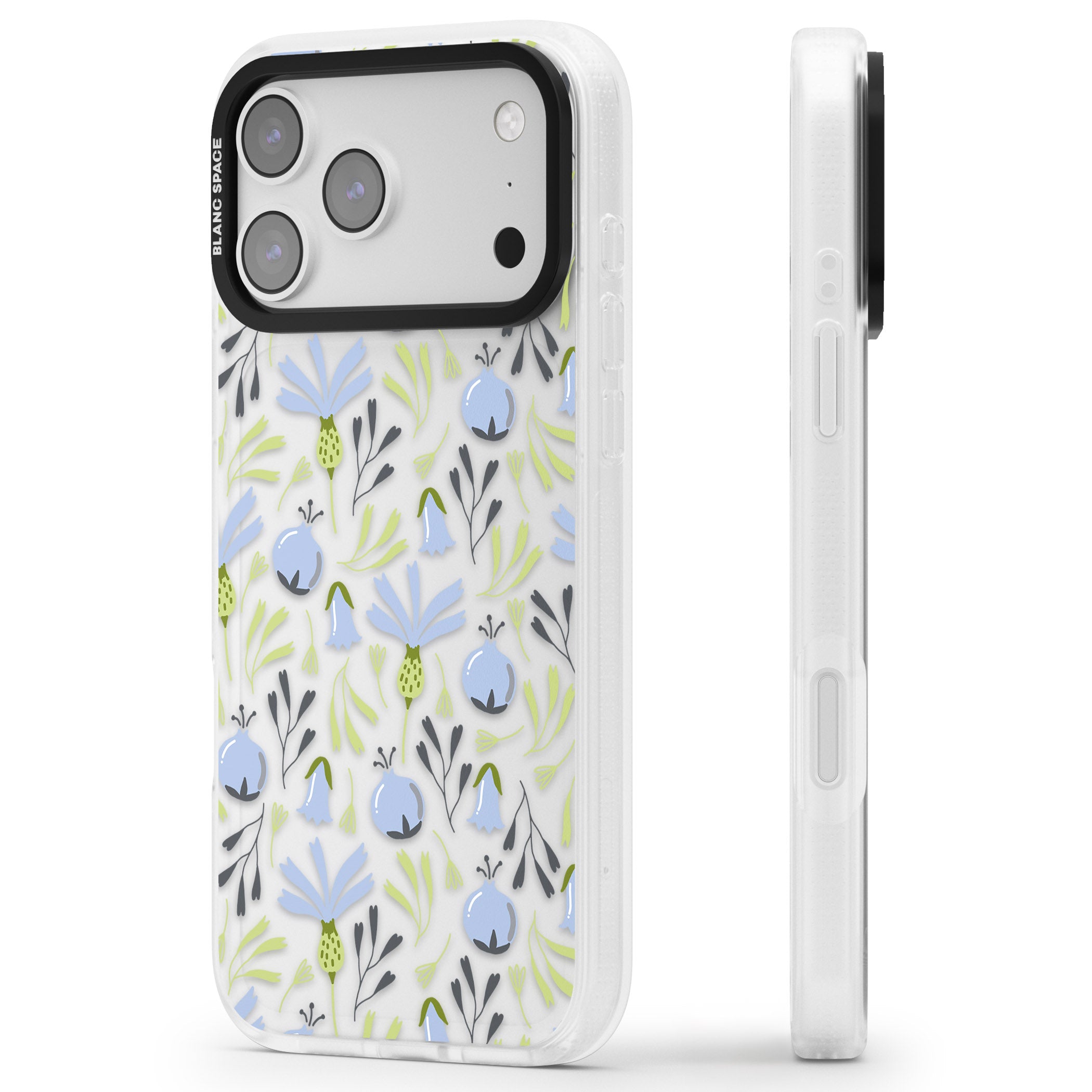 Blue Flora Bloom iPhone 17 Pro Max Impact Air Clear Phone Case Side Profile